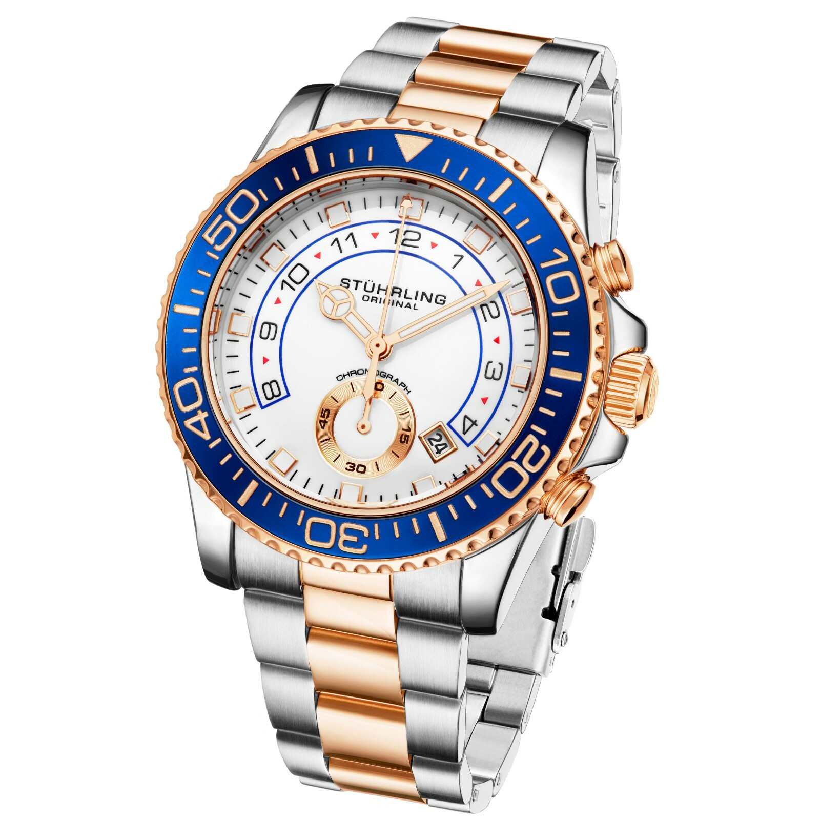 Stuhrling Men’s Chronograph Diver White & Rose Blue Bezel Silver & Rose Watch