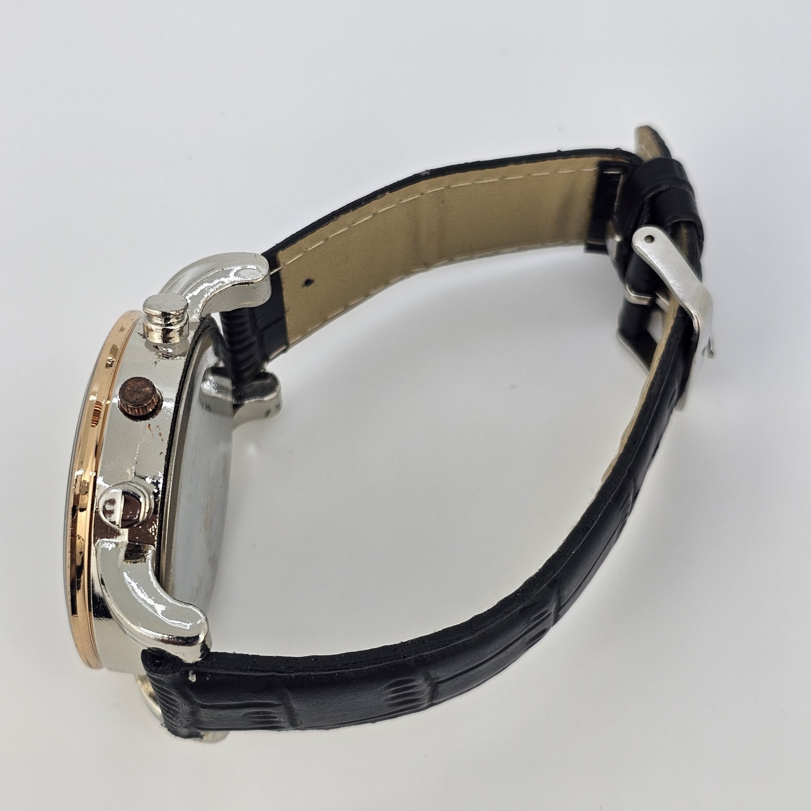 Men’s Analog Watch 43MM Black Dial Black Faux Leather Bands New Battery