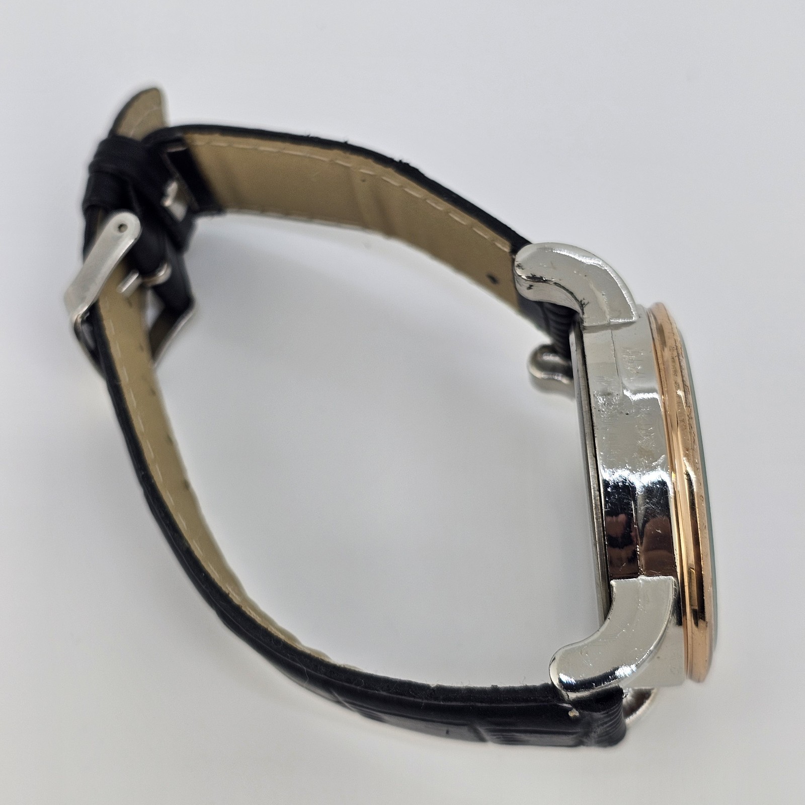 Men’s Analog Watch 43MM Black Dial Black Faux Leather Bands New Battery