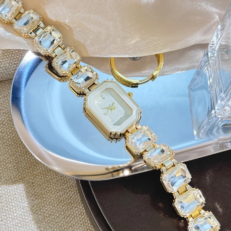 Square Case Quartz Wrist Watches for Women Faux Gem Strap Bracelet Banquet Watch