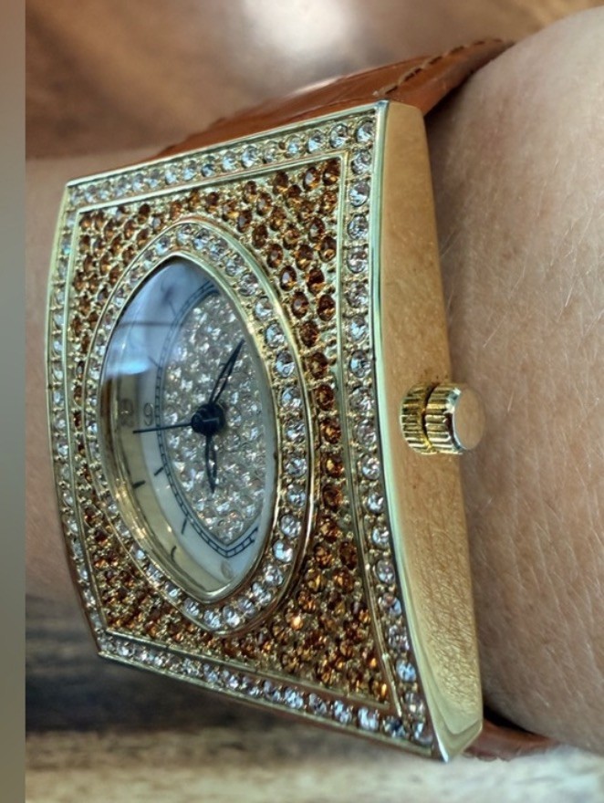 Adrienne Vittadini Crystal Lux Vintage Timepiece CrocEmbossed Leather Strap