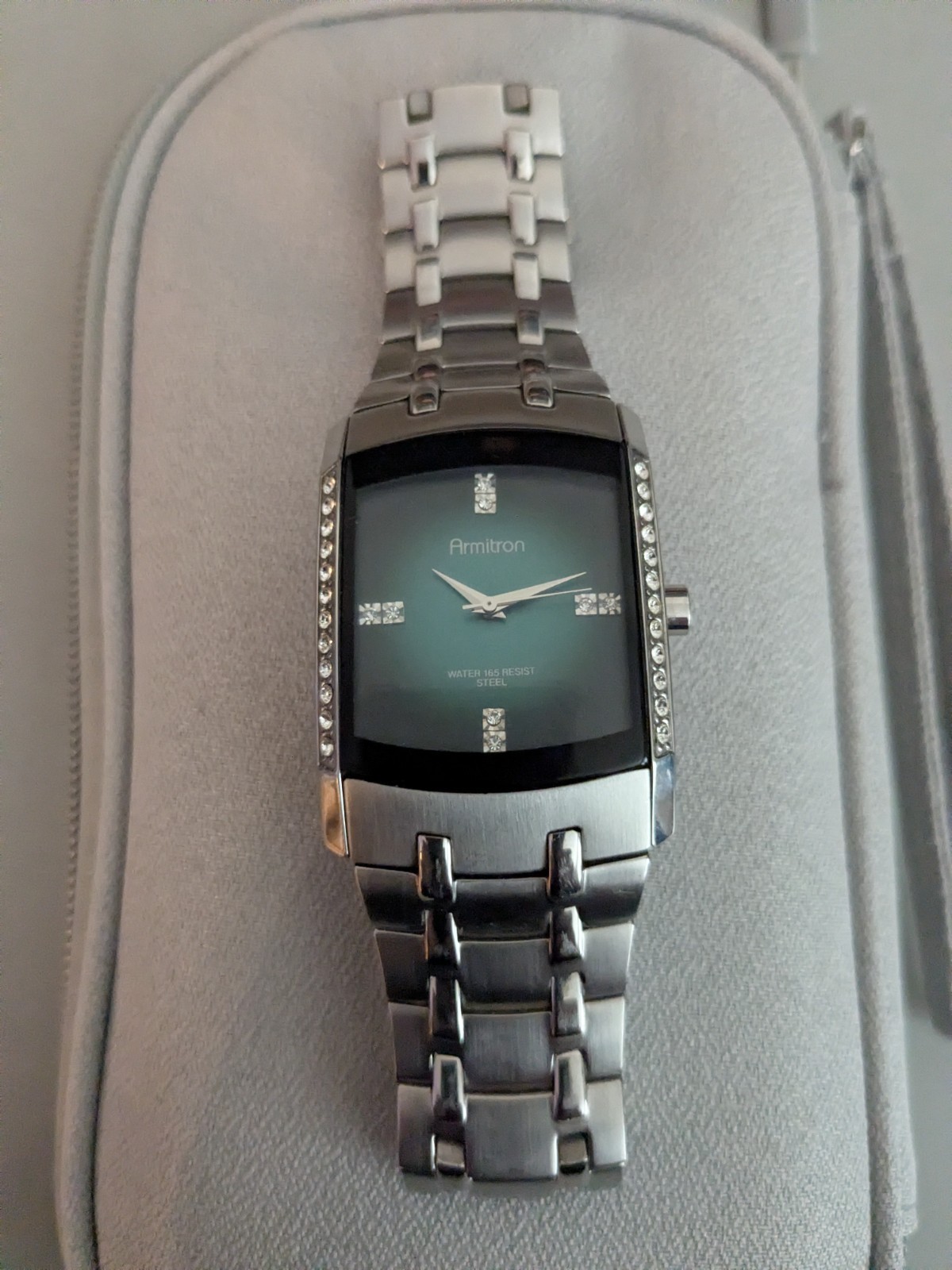 Vintage Men’s Tank Watch – RARE Green Dial – Stainless Steel with 32 Crystals!