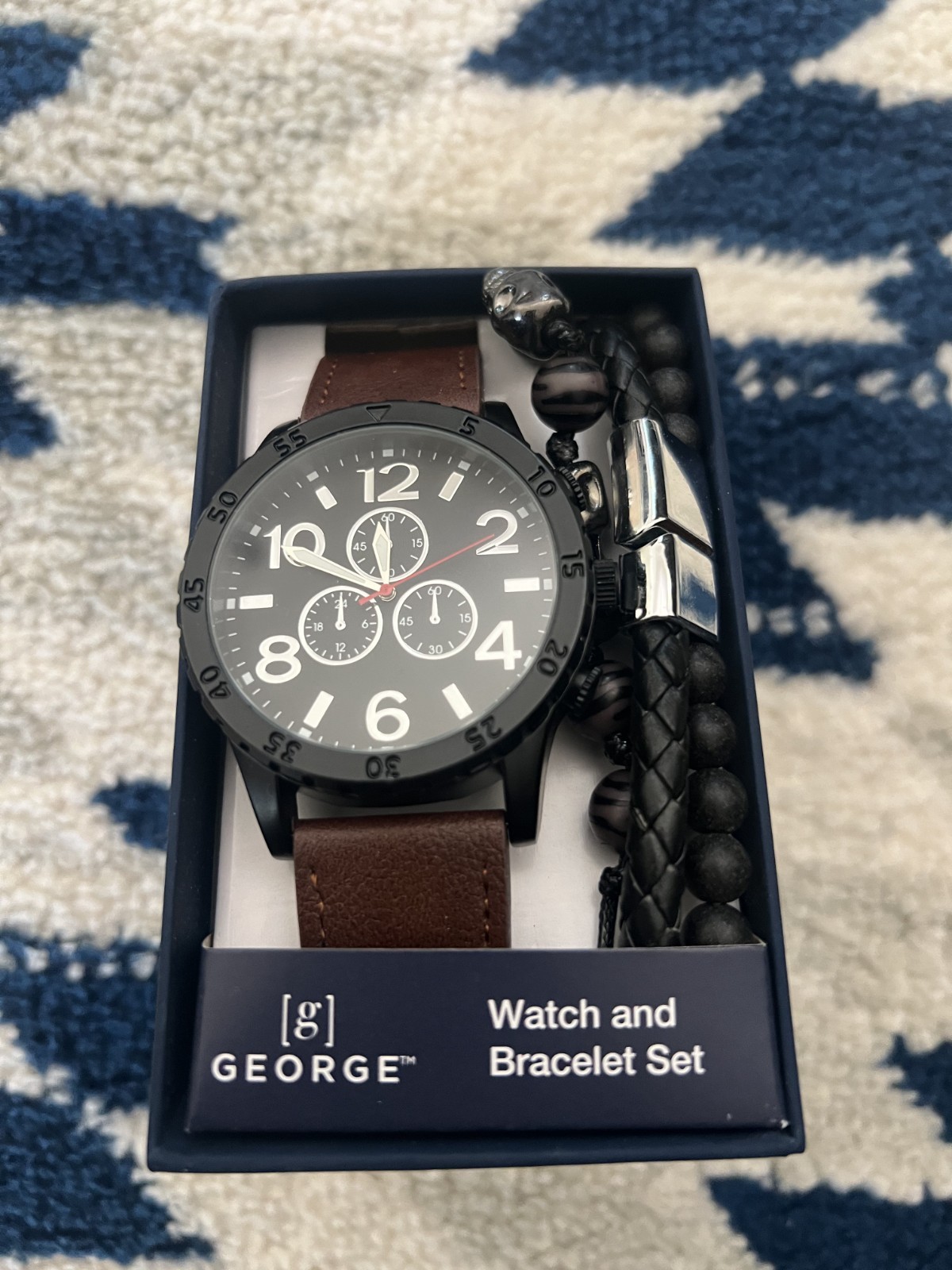 GEORGE Men’s Watch and Bracelet Set: Brown Faux Leather Band, Easy Read Dial