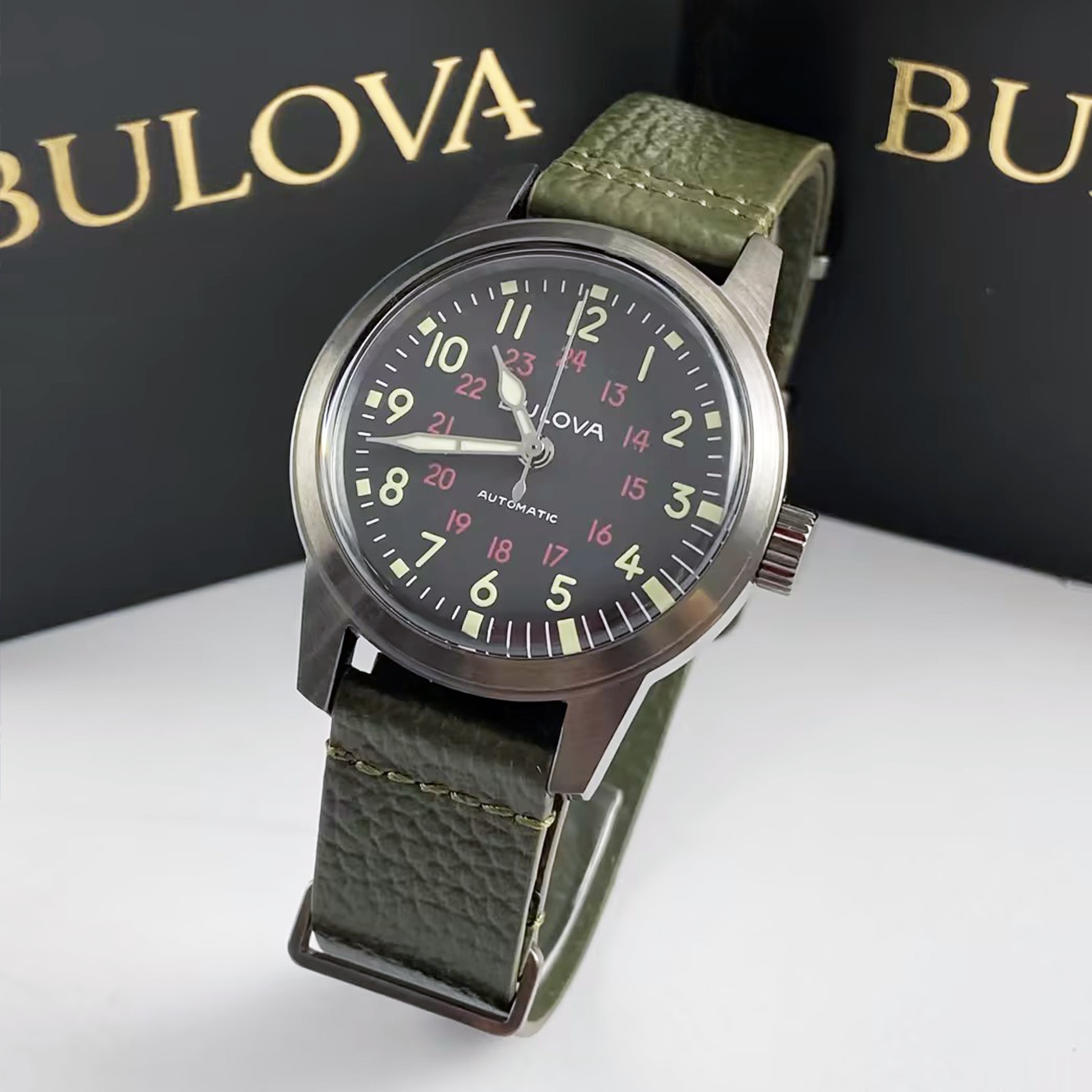 Bulova Special Edition 98A255 Black Dial Green Leather Men Automatic Watch 38MM