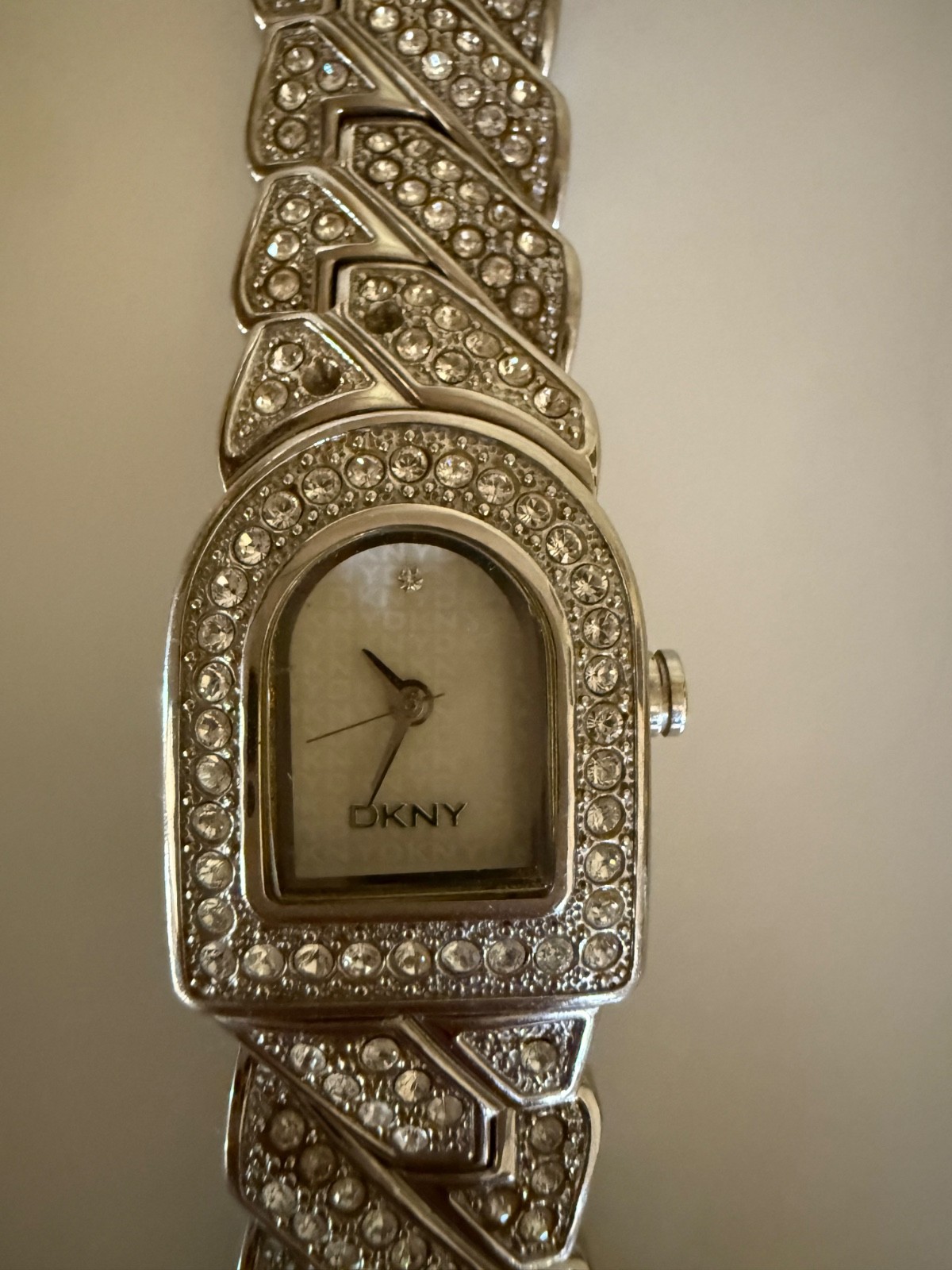 Vintage DKNY Crystal Pave D Logo Link Bracelet Watch Stainless Steel As Is