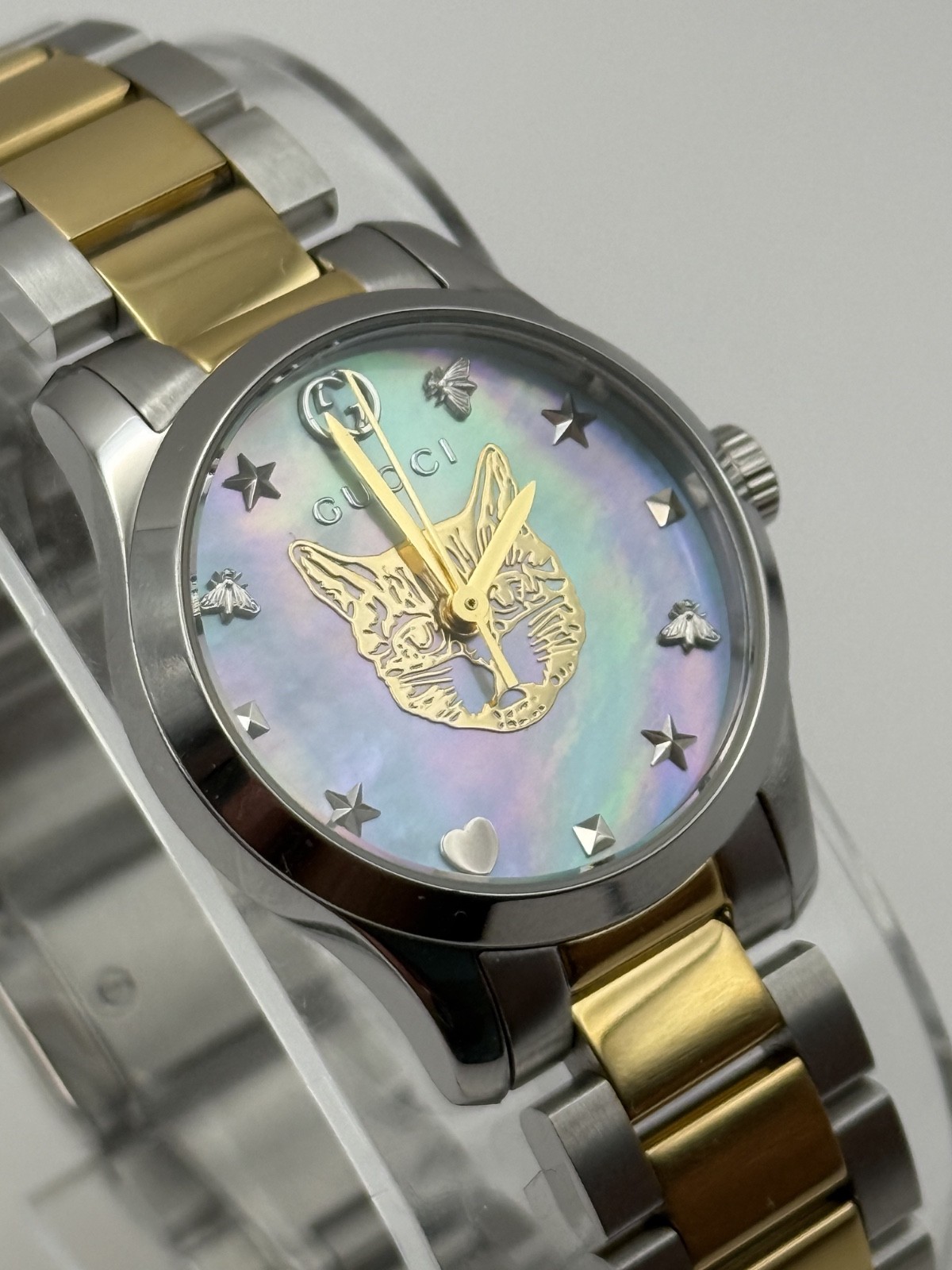 Gucci G Timeless Quartz MOP Blue Dial Two Tone Steel Strap Watch YA1265011