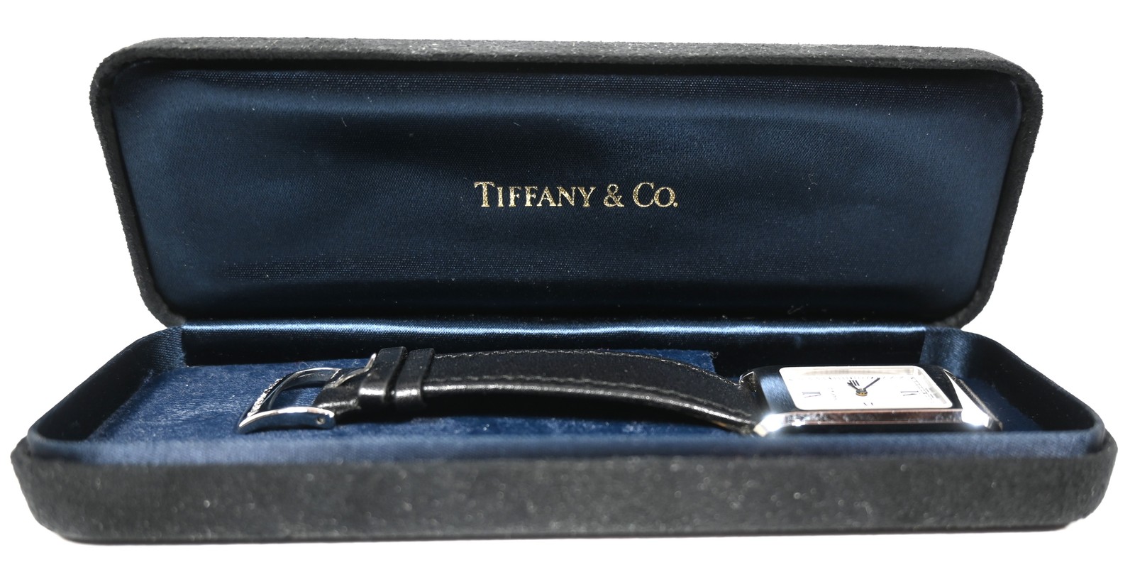 MENS TIFFANY & CO DRESS WATCH White Roman Numerals Dial Black Leather Band, Case