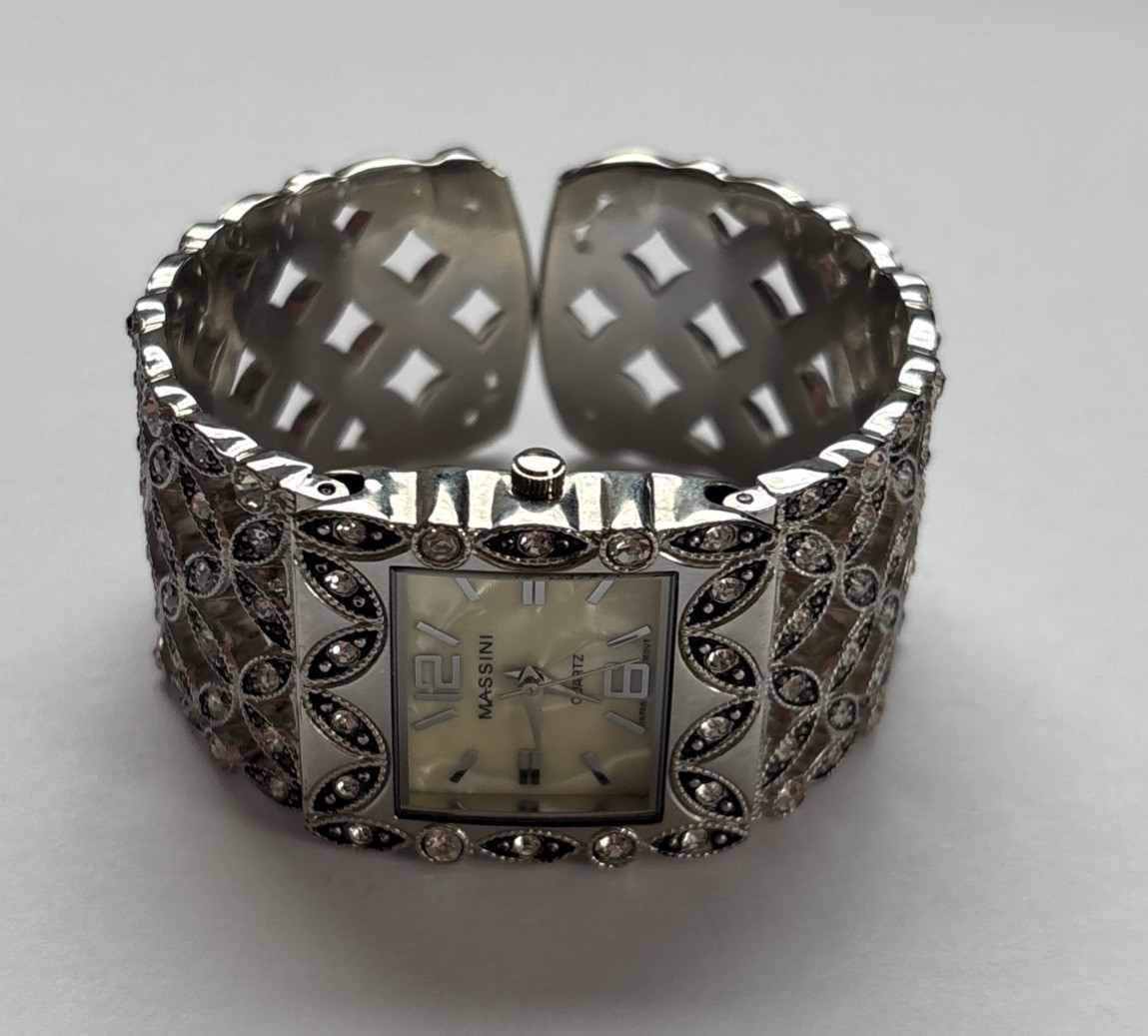 Massini Watch Women 29mm MOP Silver Tone Crystals Open Cuff Hinged Band