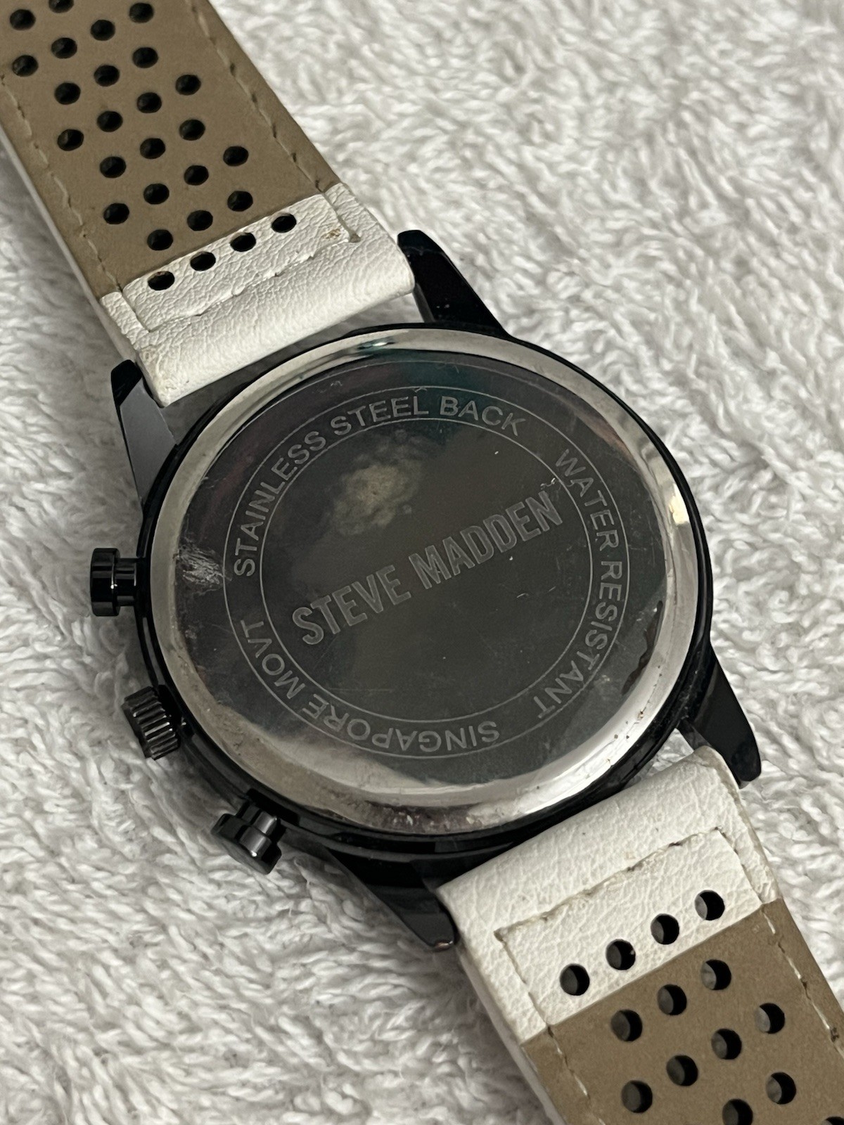Steve Madden Chronograph Quartz Black Dial Black Case White Leather Strap