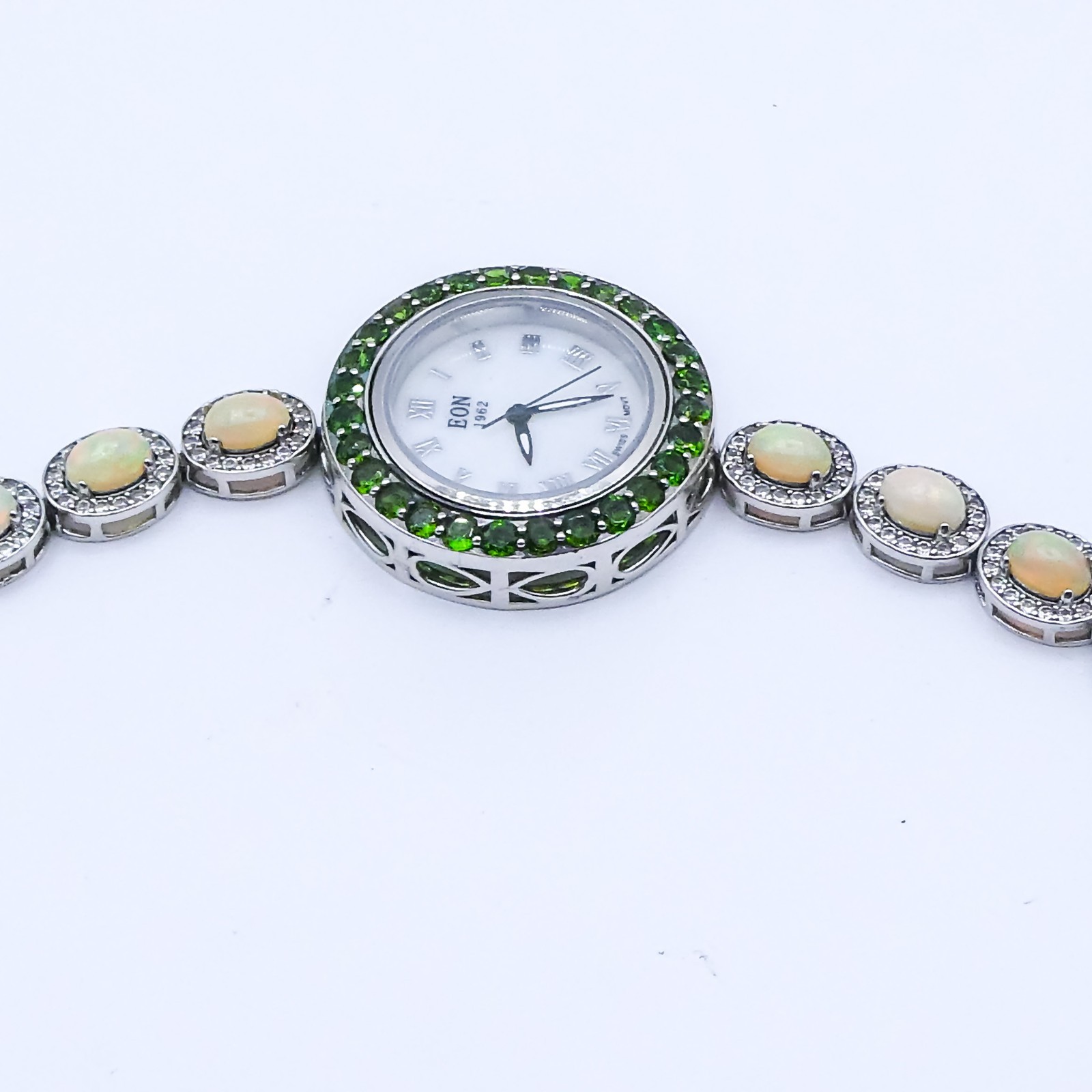 Sterling Silver Opal Halo Chrome Diopside Zircon Eon New Tennis Bracelet Watch