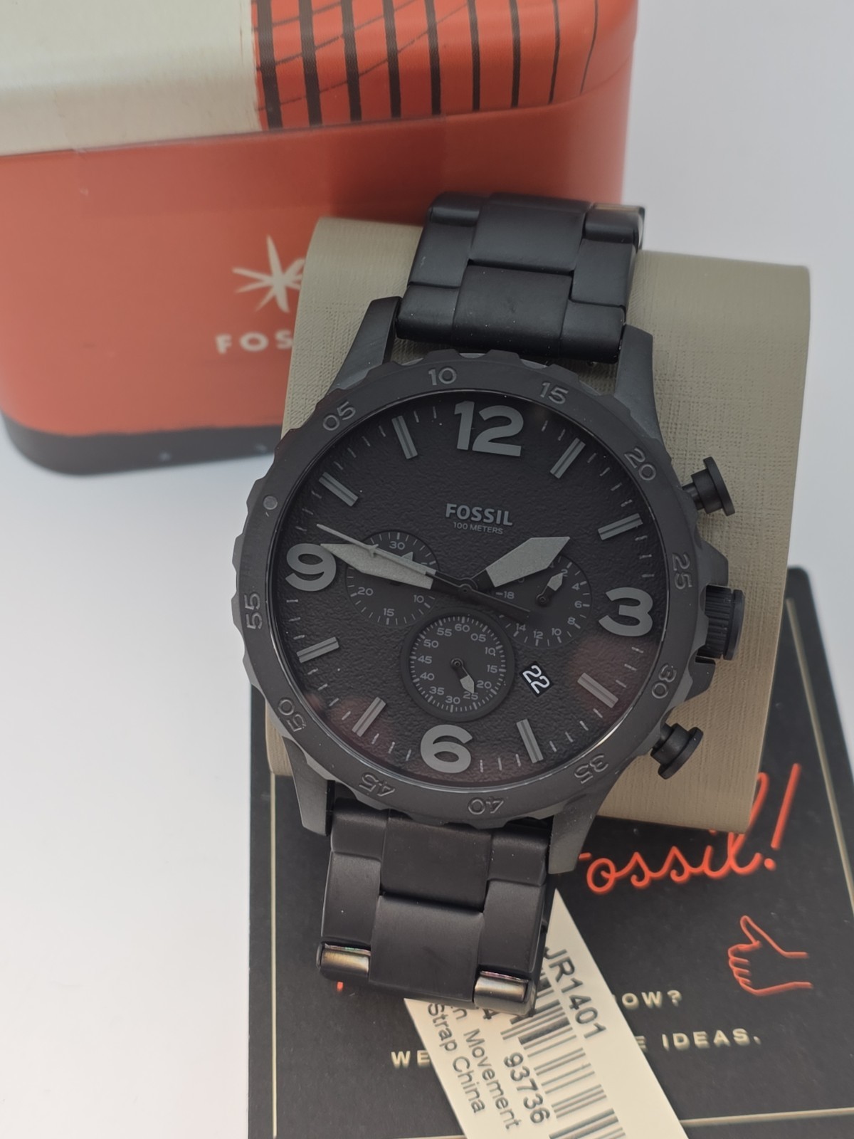 Fossil JR1401 Matte Black Stainless Chronograph Watch 10ATM 24mm Working Sleek