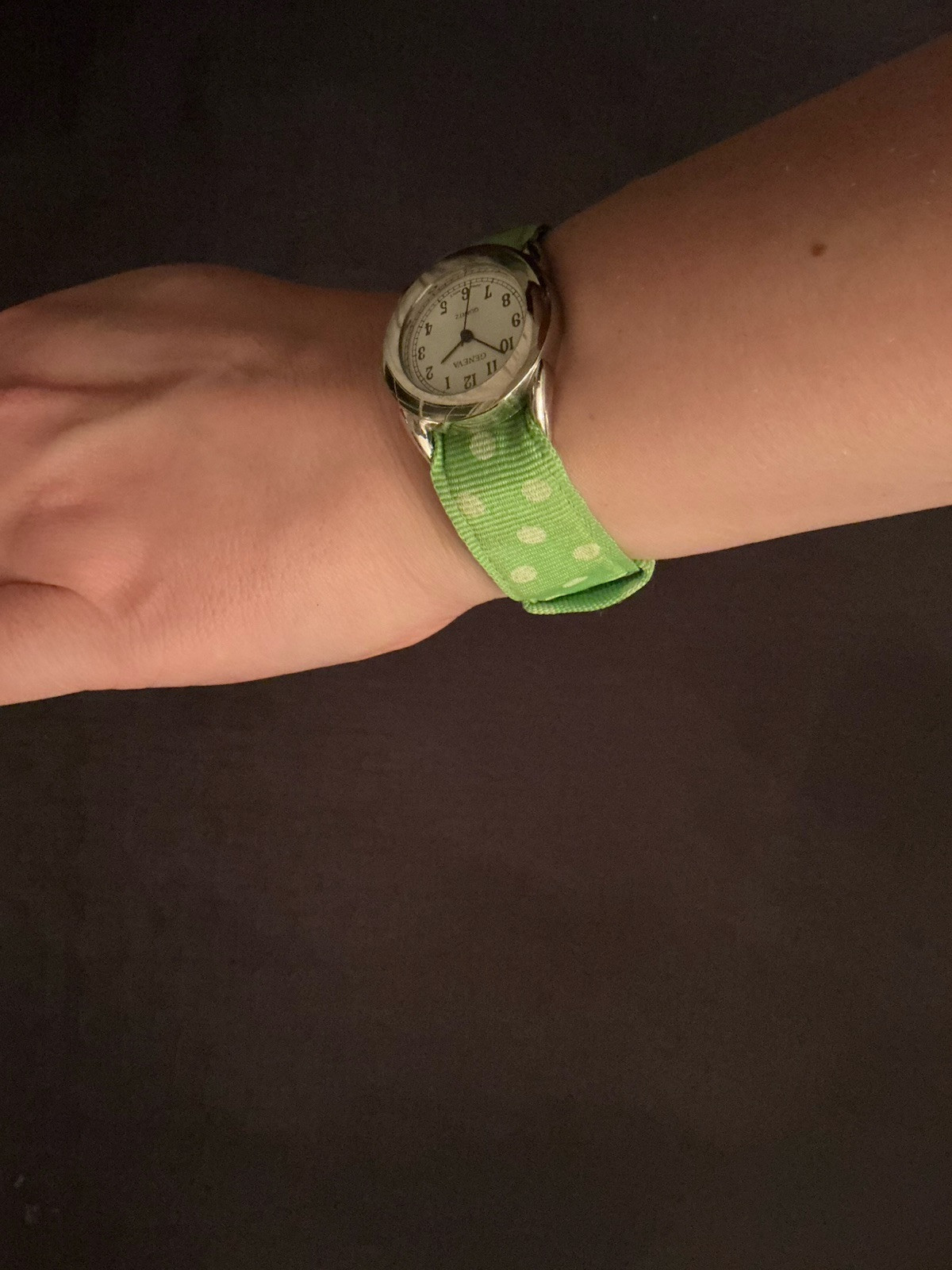 Geneva Silver Tone Vintage Watch Green And White Polka Dot Strap New Battery