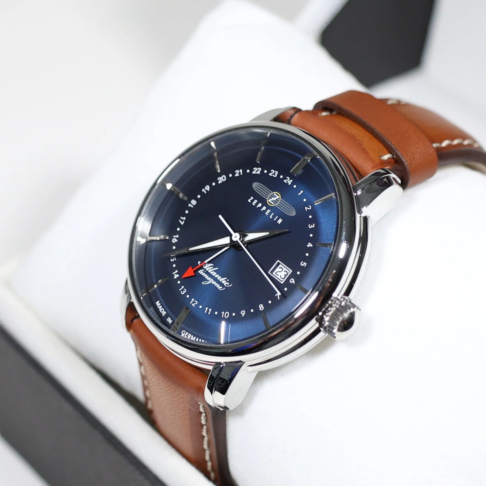 Zeppelin Men’s Blue Dial GMT Atlantic Brown Leather Strap Watch 8442-3