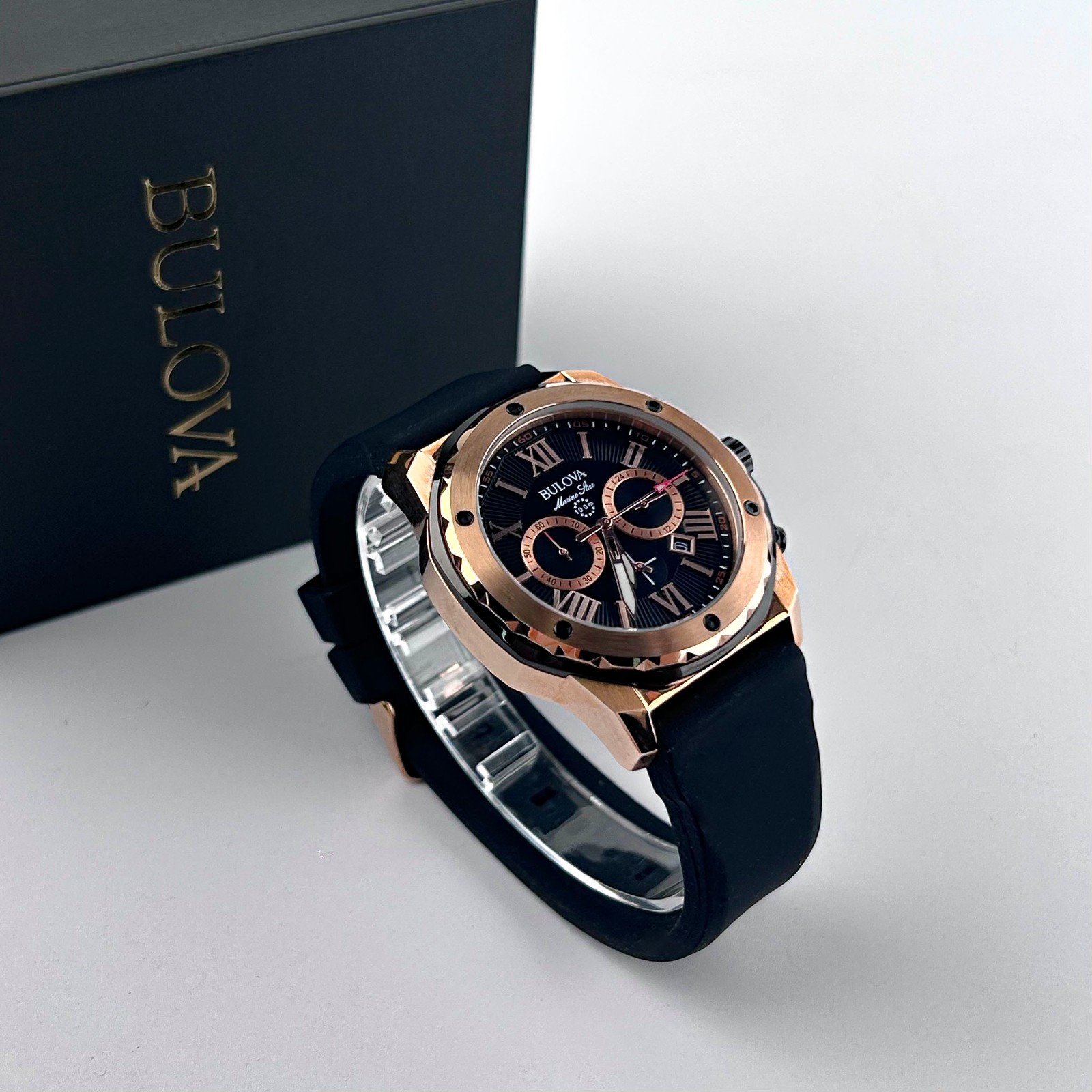 Bulova Marine Star 98B104 Men’s Black Dial Black Rubber Strap Quartz Watch 44mm