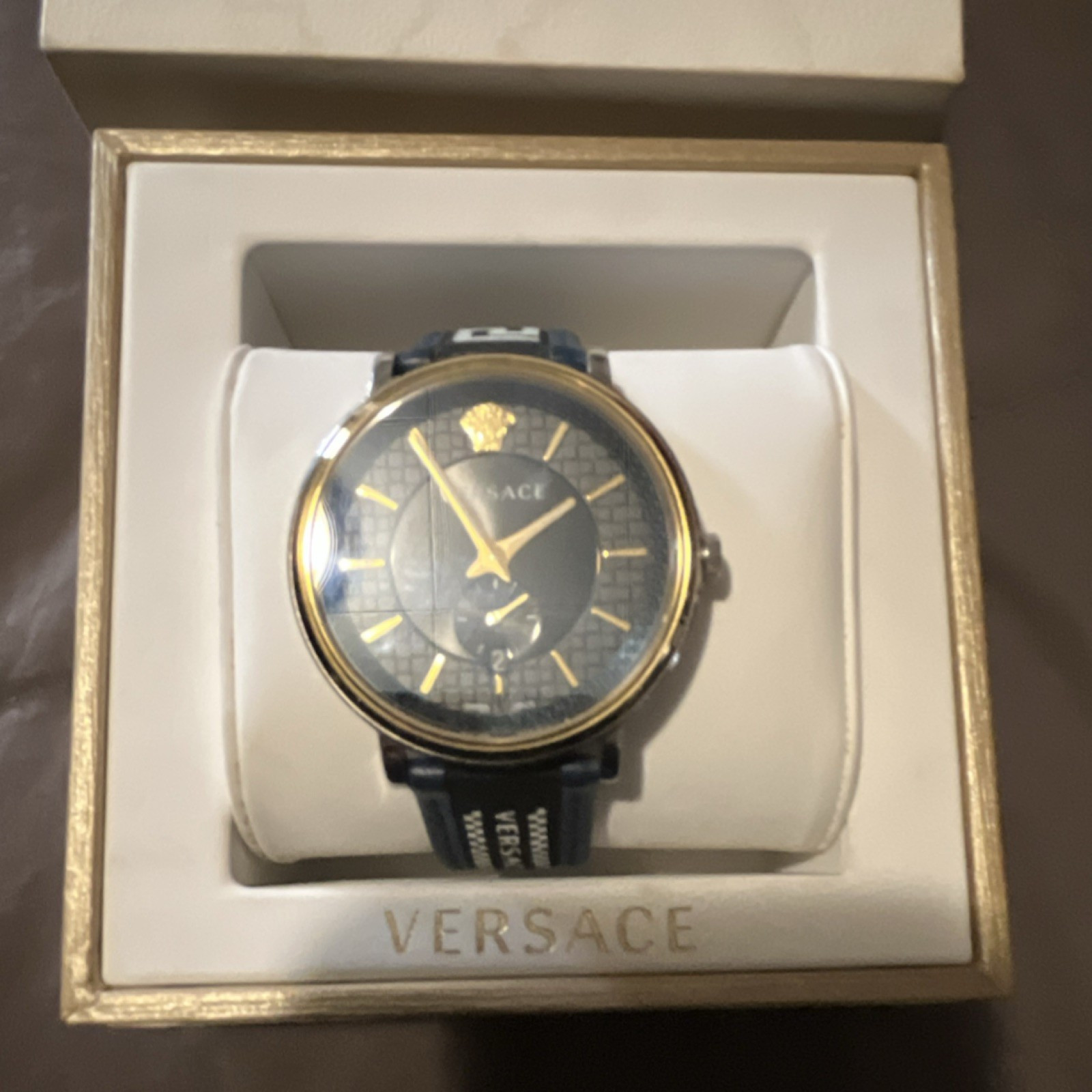 Versace Gold Stainless Steel Black Dial Date Blue Leather Strap Baton Indexes