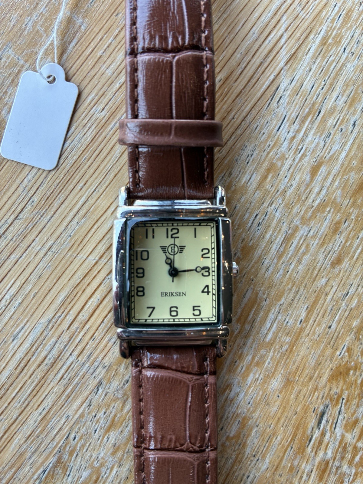 Eriksen Vintage Retro Rectangular Watch Silver Cream Dial Brown Leather