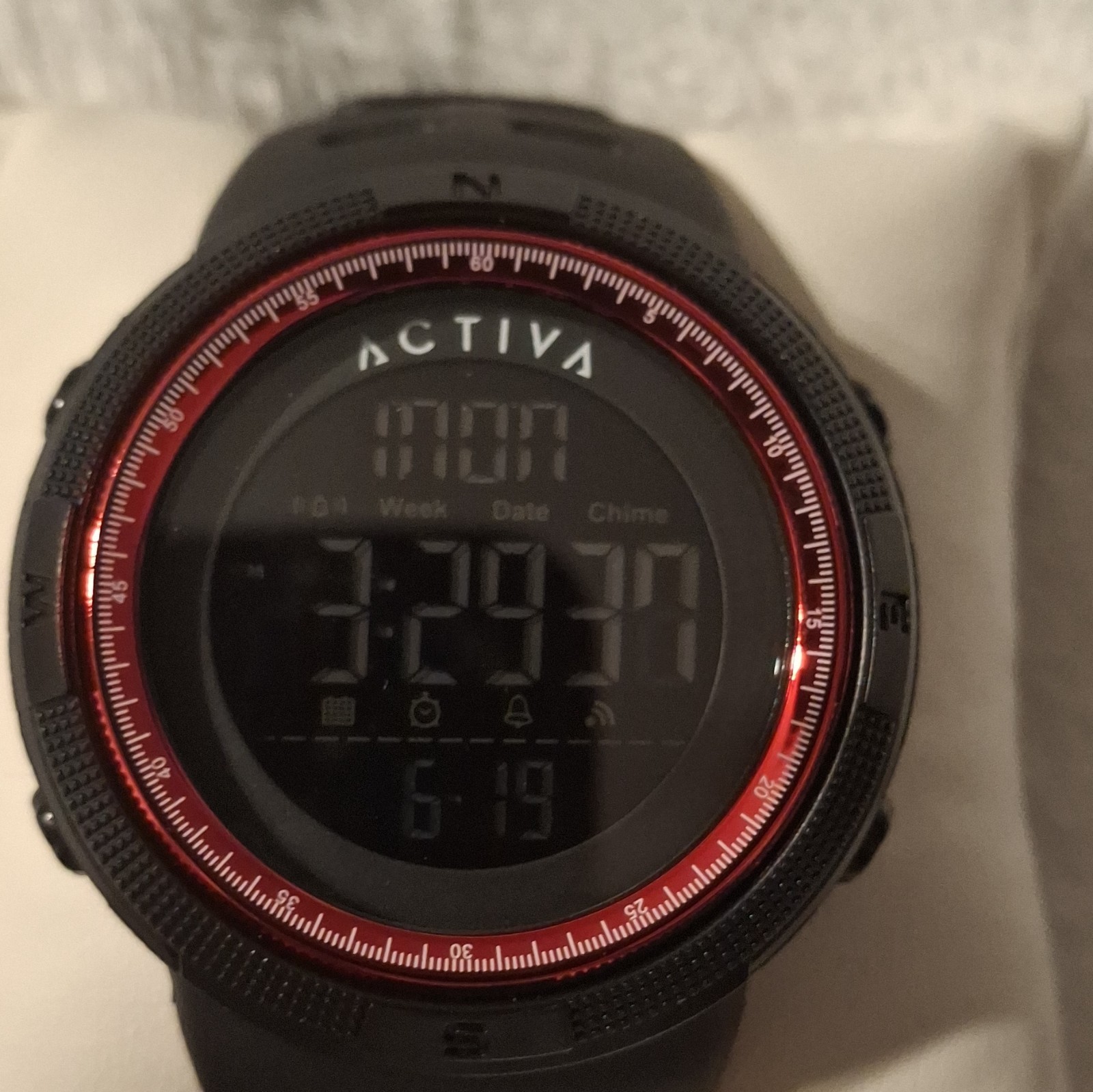 Activa Digital Quartz Sport Wristwatch Black Rubber Strap Red Bezel Box Manual