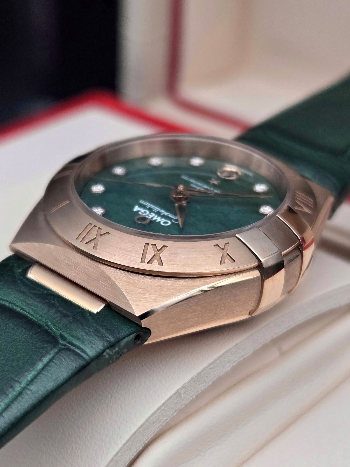 NEW Omega Constellation Ladies 18K Sedna Gold Green Aventurine Factory Diamonds