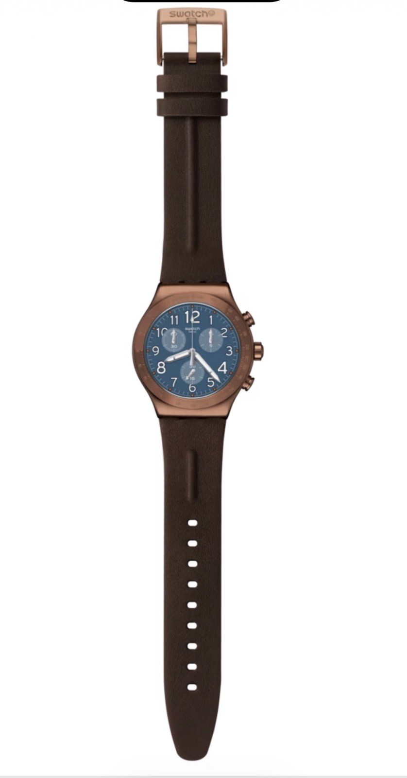 Swatch Irony Chronograph Quartz Tachymeter Blue Dial Brown Leather 43mm w/Box