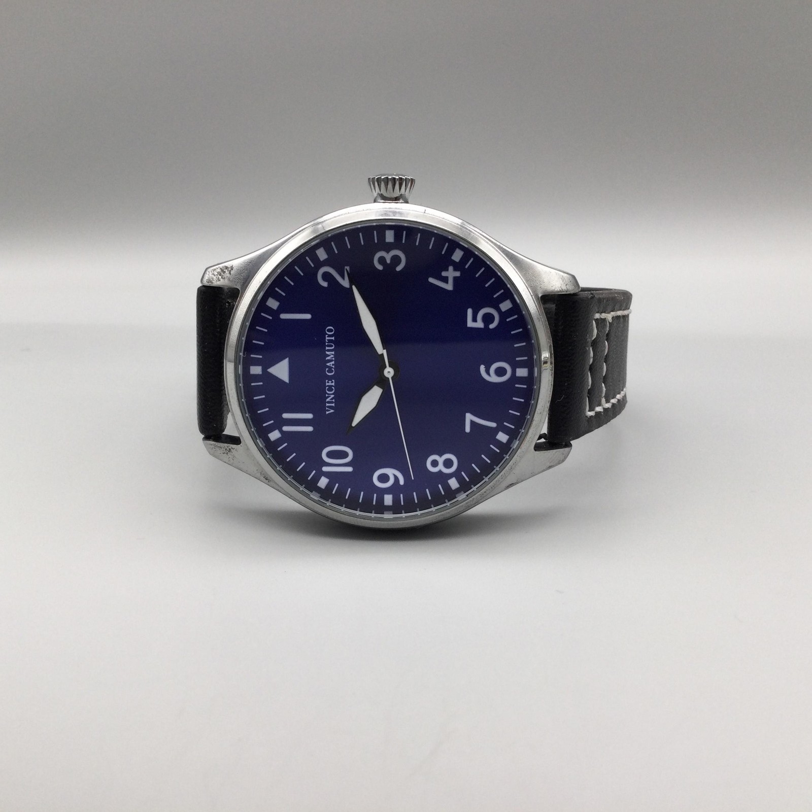 Vince Camuto Mens Watch 42mm Silver Tone Blue Dial Black Faux Leather 3ATM