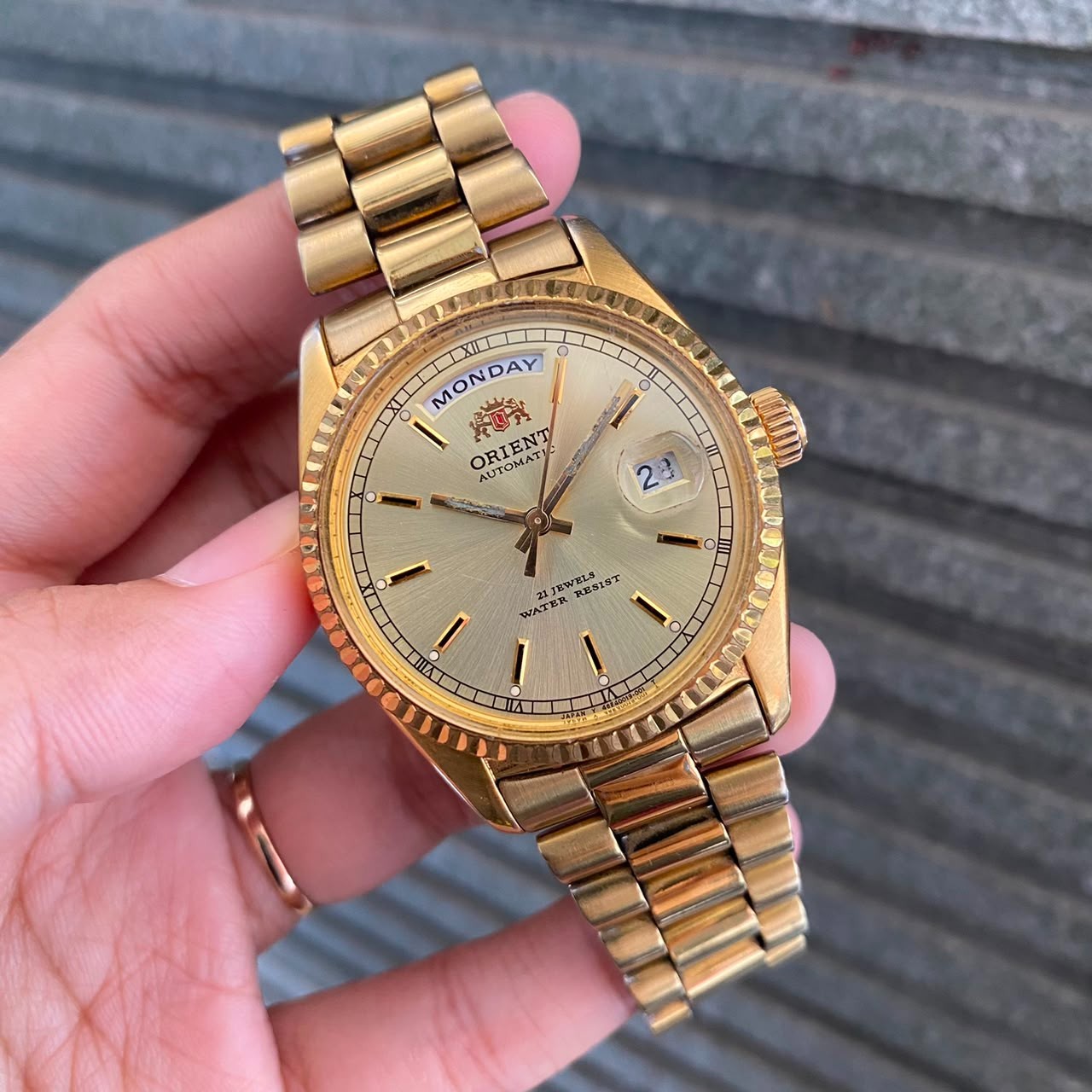 Rare Orient President Automatic Day Date Gold Dial Baton Index Watch Vintage Men
