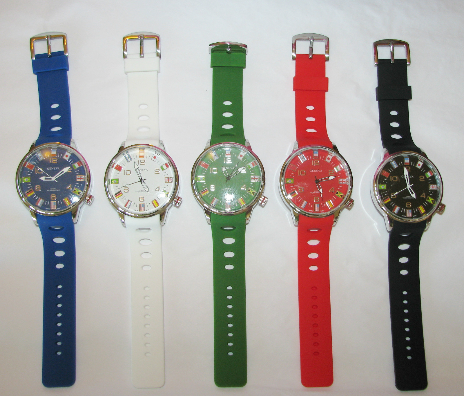 GENEVA X-LARGE SILICONE INTERNATION FLAGS BLACK,BLUE,WHITE,GREEN,RED WATCH-NEW