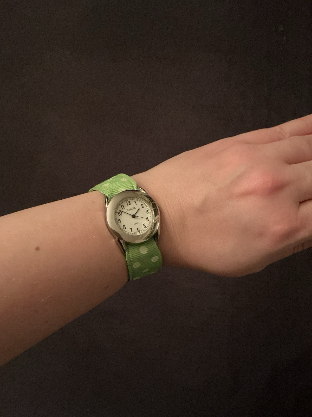 Geneva Silver Tone Vintage Watch Green And White Polka Dot Strap New Battery