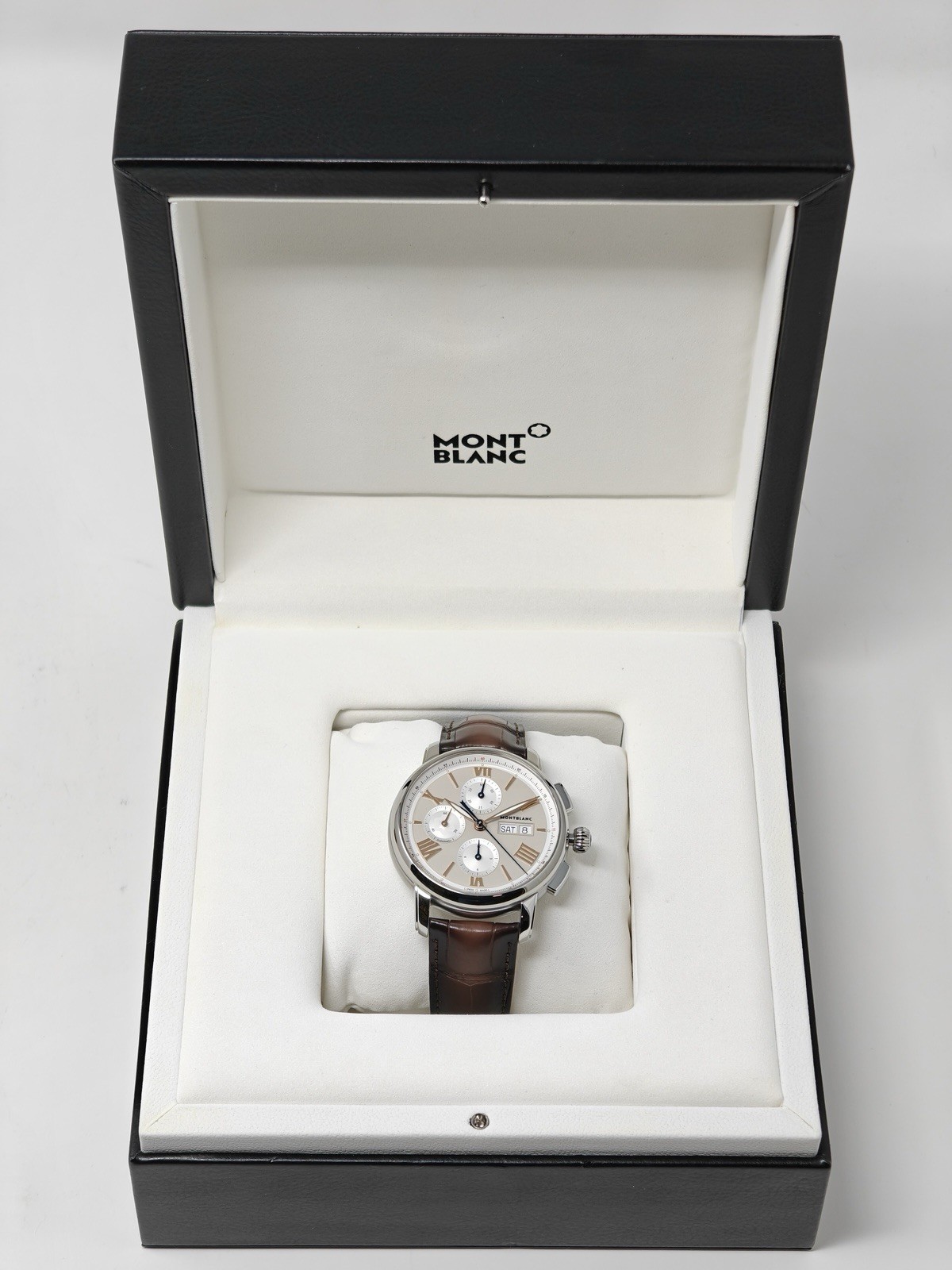 MontBlanc Star Legacy Day Date Chronograph Watch Brown Aligator Leather 126080
