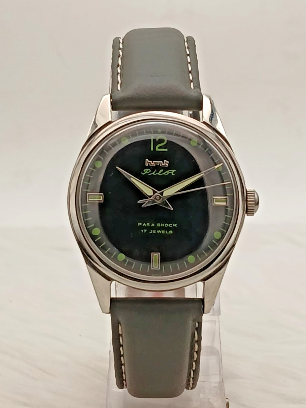 HMT Pilot Vintage Mechanical Watch Black Dial Green Lume 17 Jewels India