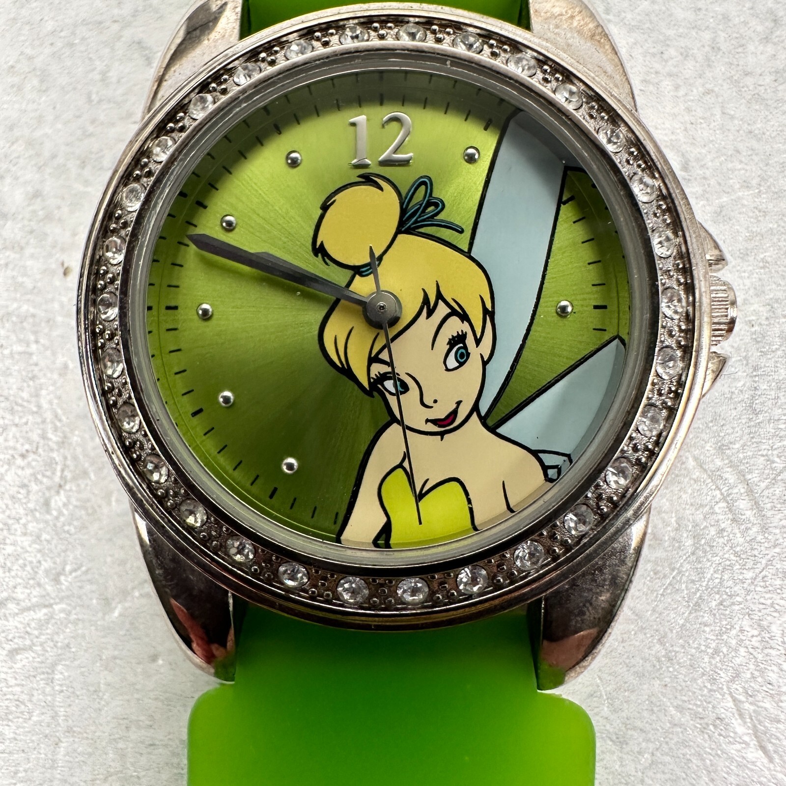 Disney Watch Womens 29mm Tinker Bell Pave Crystal Bezel Green Band New Battery