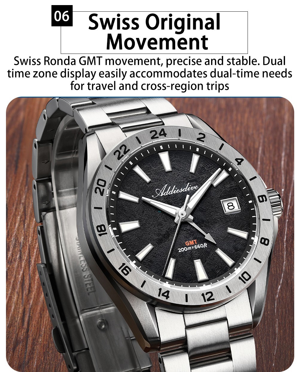 ADDIESDIVE AD2548 GMT Dive Watch Swiss Ronda 515-24H Quartz 200M Blue Wave 38mm