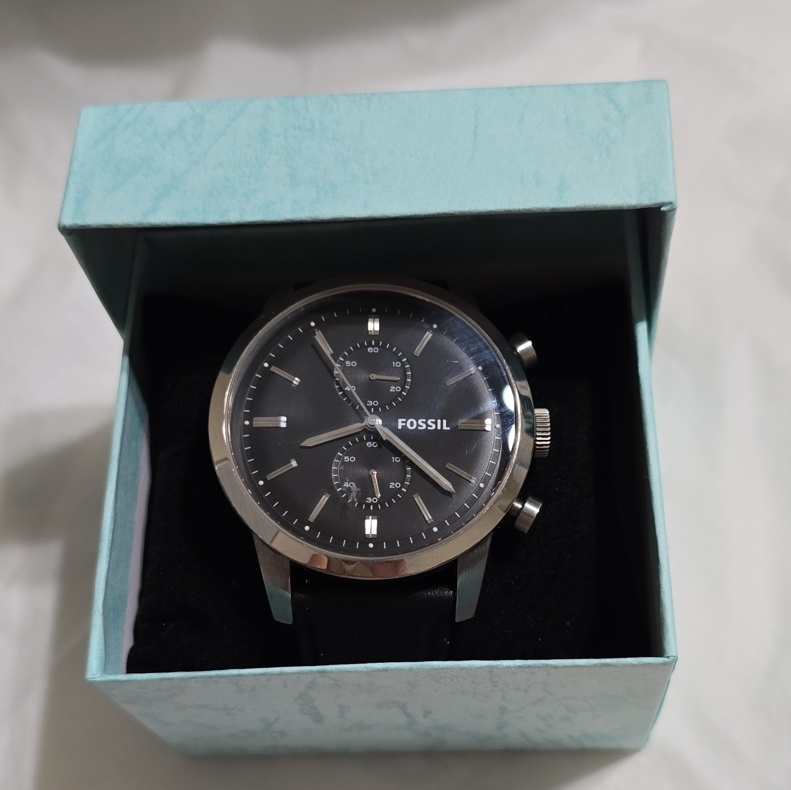 Fossil PR2138 Men’s Quartz Chronograph Watch Black Dial Leather Strap 43mm
