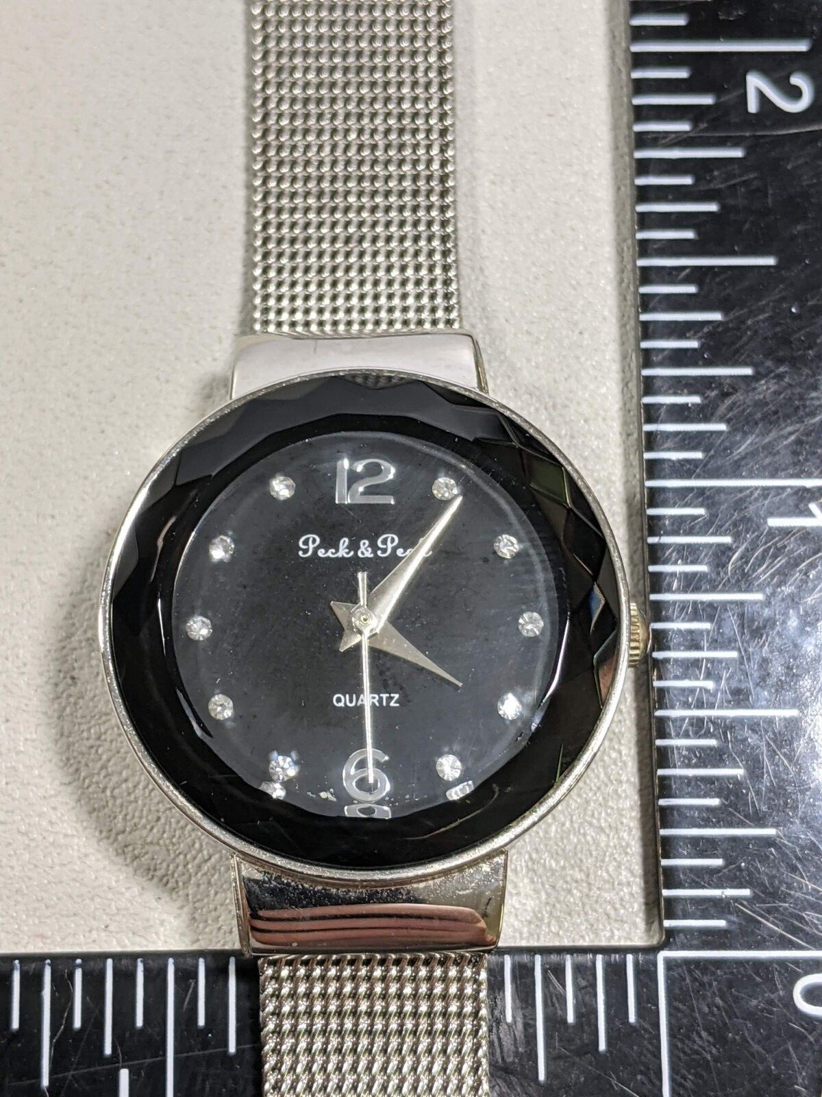 Peck & Peck Black Dial Raised Crystal Silver Tone Mesh Style Band Watch 8.5 In.