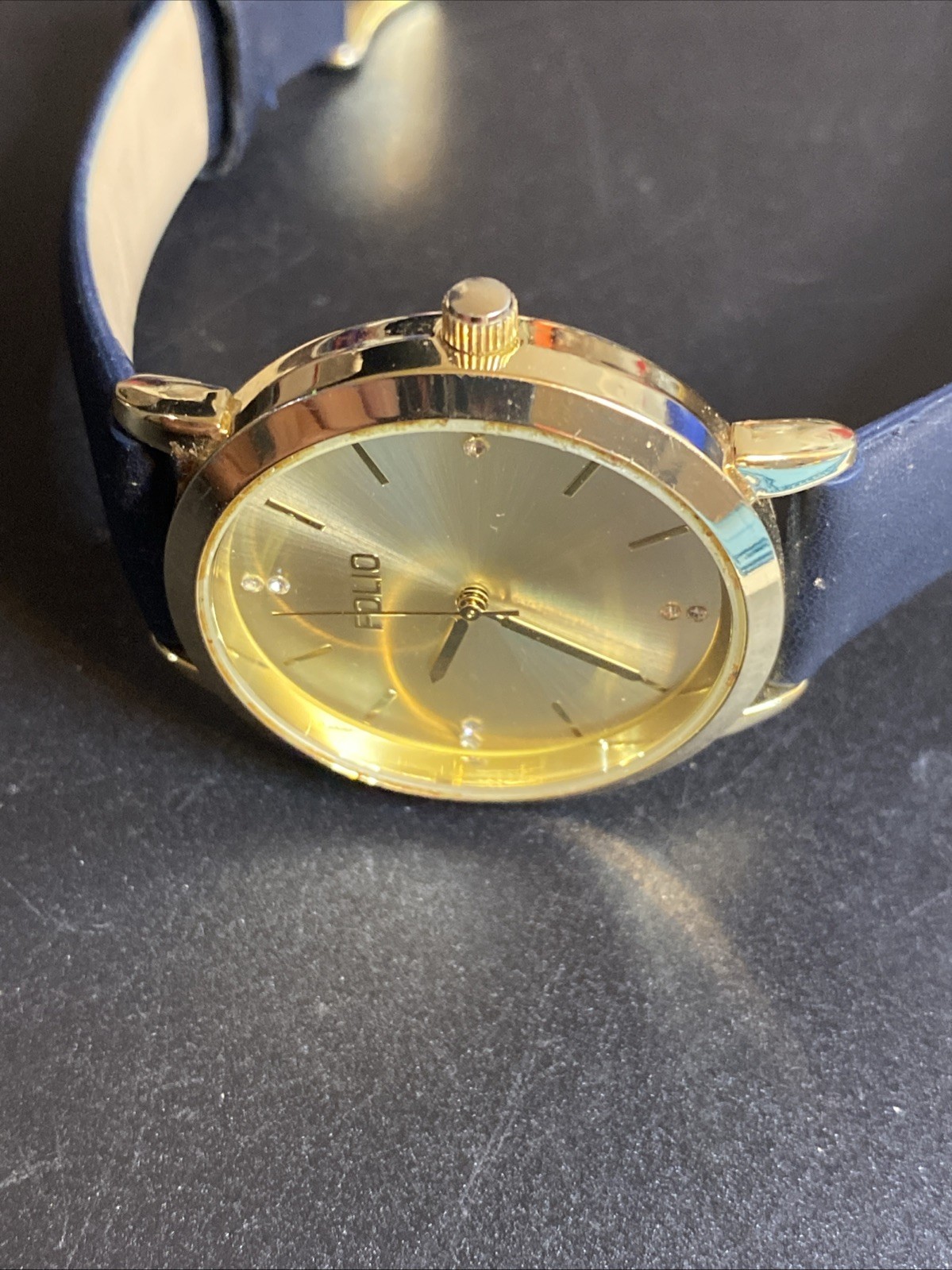 Folio Gold Tone Faux Leather Band Gemmed Men’s Watch New Battery