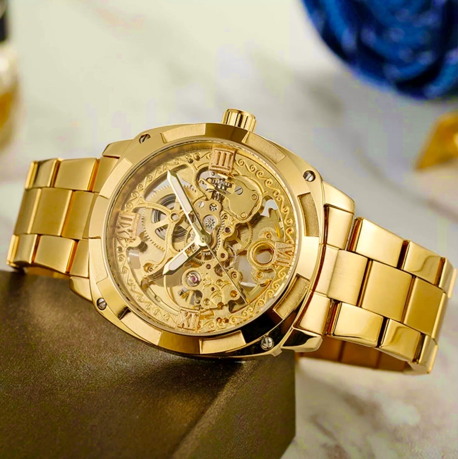Forsining Mens Skeleton Mechanical Waterproof Luxury Watch Gold Gift Idea