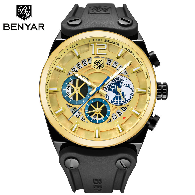 Luxury BENYAR 5141M Men Quartz Watch Chronograph Date Waterproof Rubber Leather