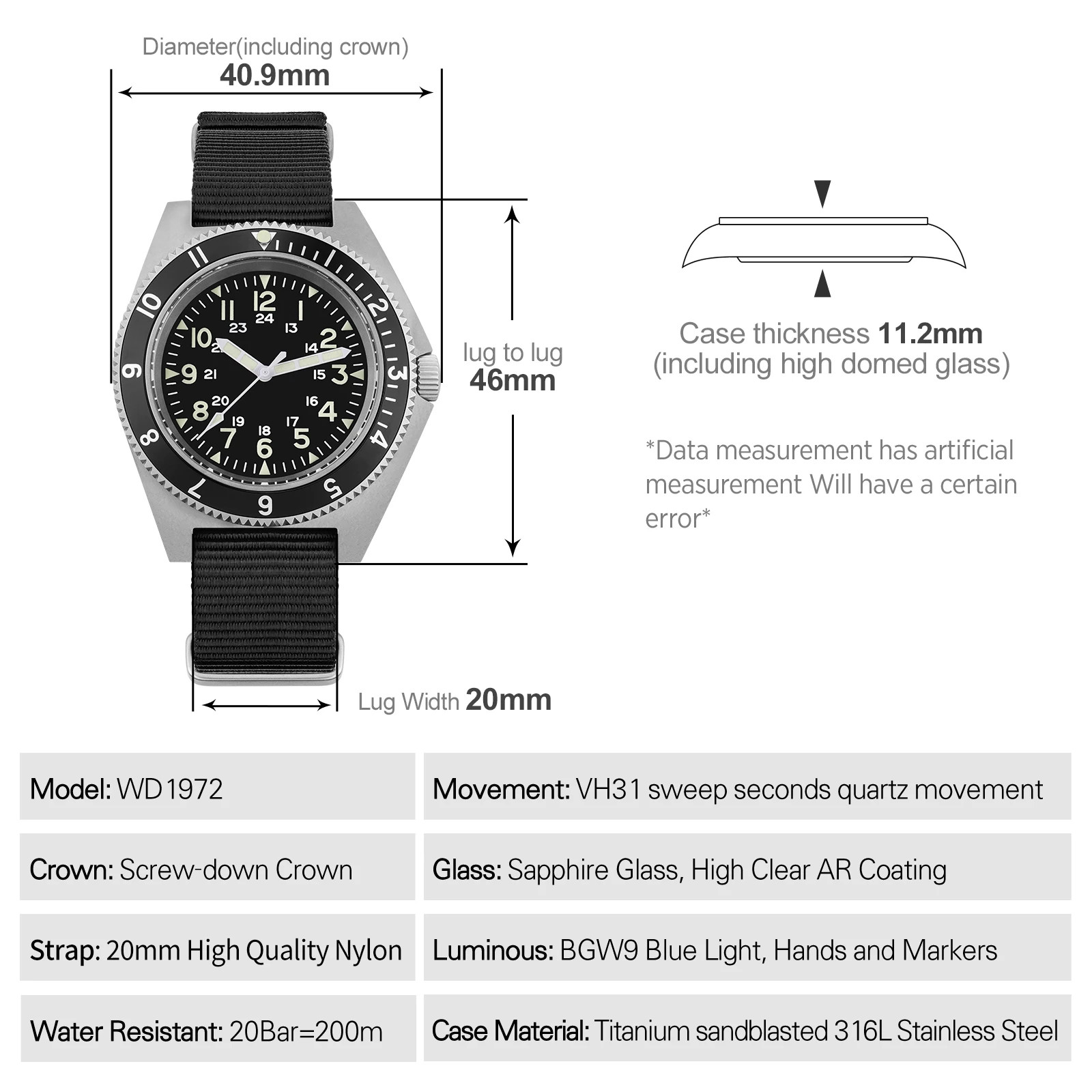 Watchdives WD1972 Quartz Watch VH31 Sweep Movement Sapphire 20Bar Waterproof