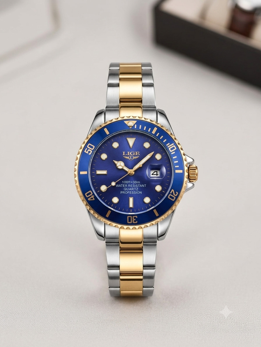 LIGE Men Quartz Watch Two Tone Gold Silver Stainless Steel Band Luxury Blue Dial