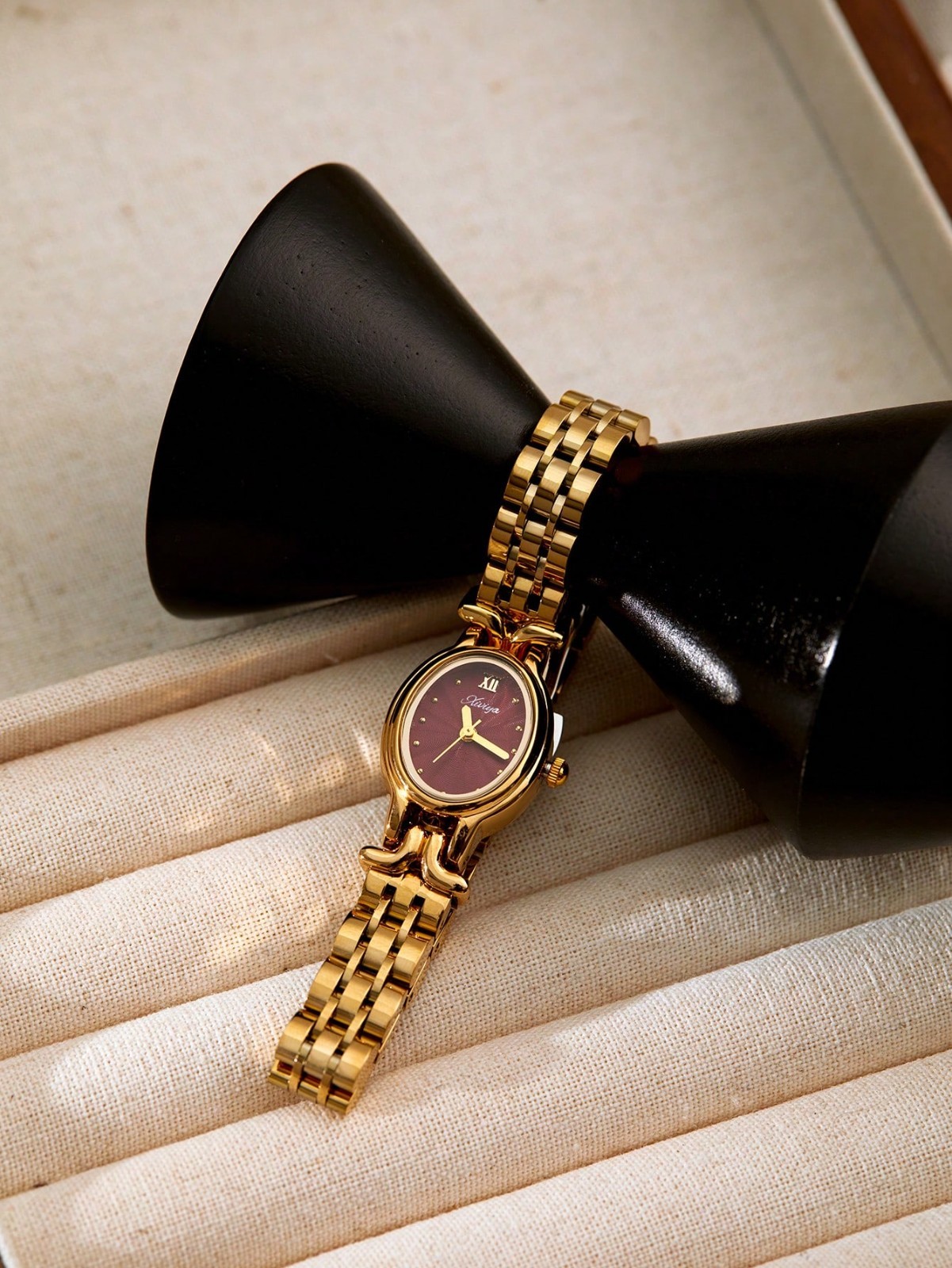Gold and Burgundy French Vintage Style Unique Dainty Women’s Wrist Watch