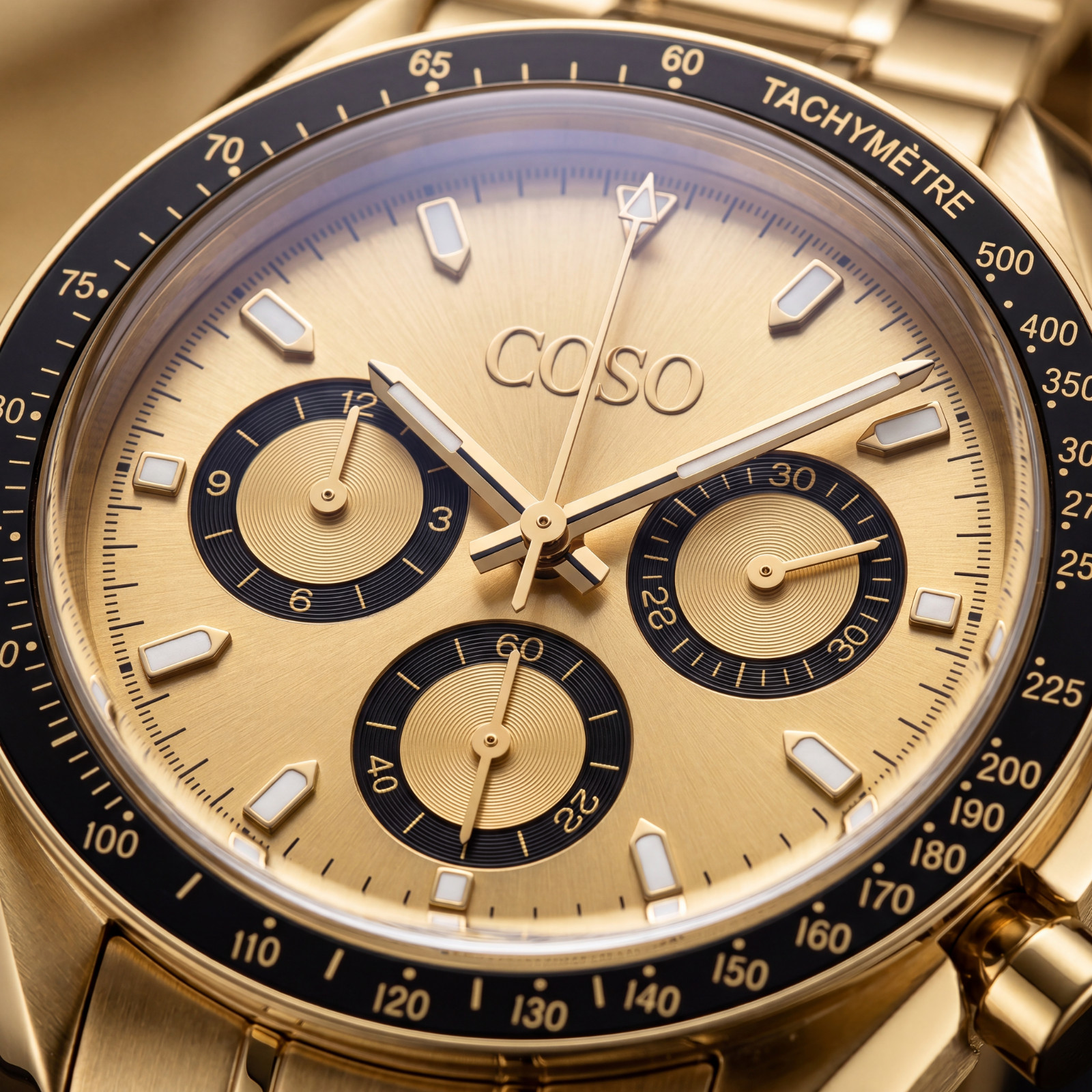 COSO Torvex Chronograph Mens Watch Gold Champagne Dial Black Bezel