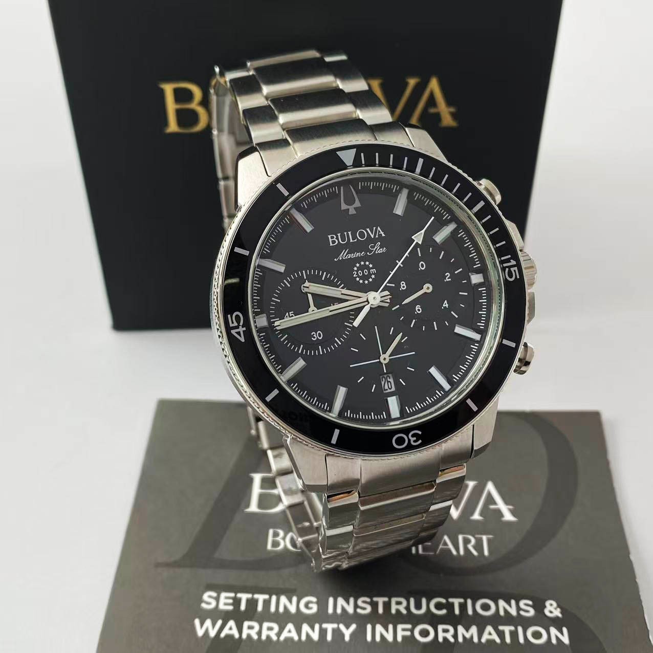 New Bulova Marine Star 96B272 Black Dial Stainless Steel Men’s Quartz Watch 45mm