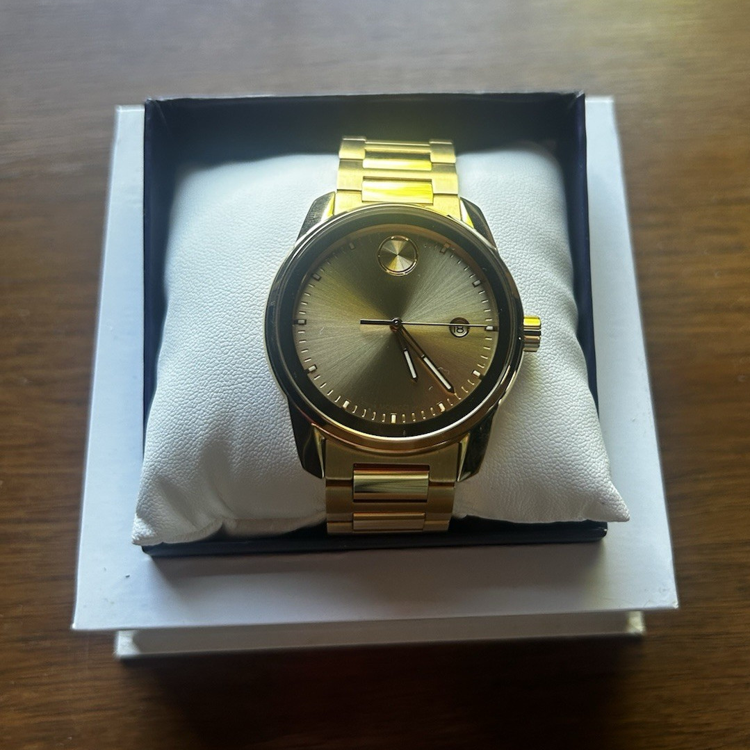Movado Bold Men’s Gold-Tone Stainless Bracelet Quartz Date Watch 42mm Box