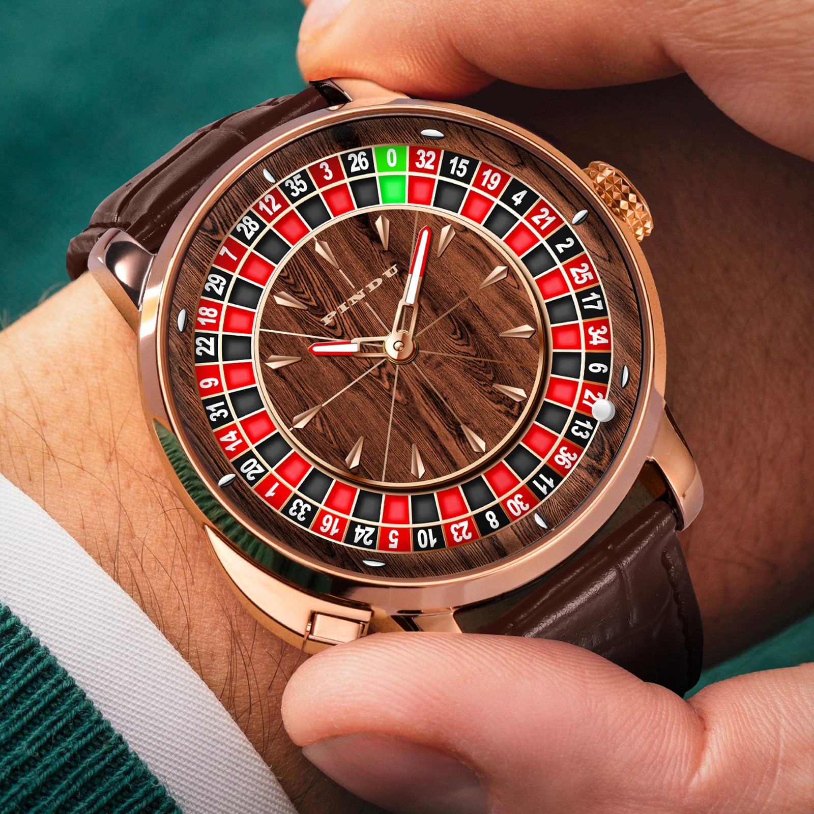 PINDU Roulette-Themed Rose Gold with Wood-Grain/Featured Dial Genuine Leather