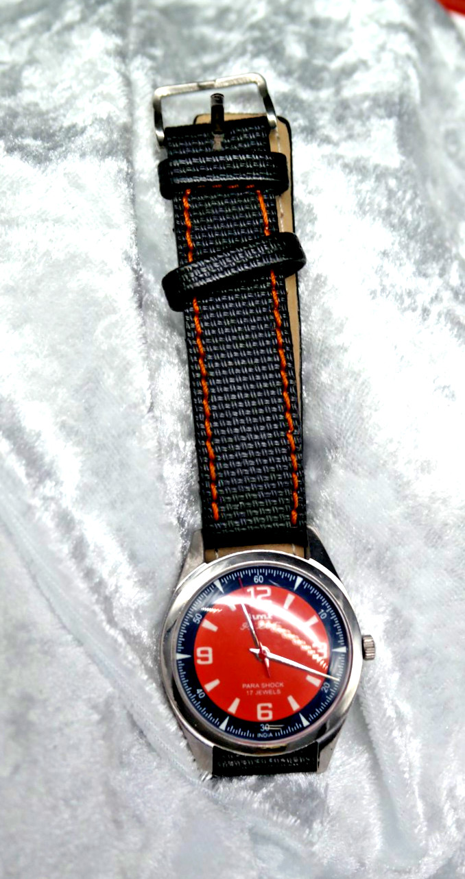 HMT Pilot Mechanical Watch Salmon/Blue Arabic & Baton Dial 17 Jewels Para Shock