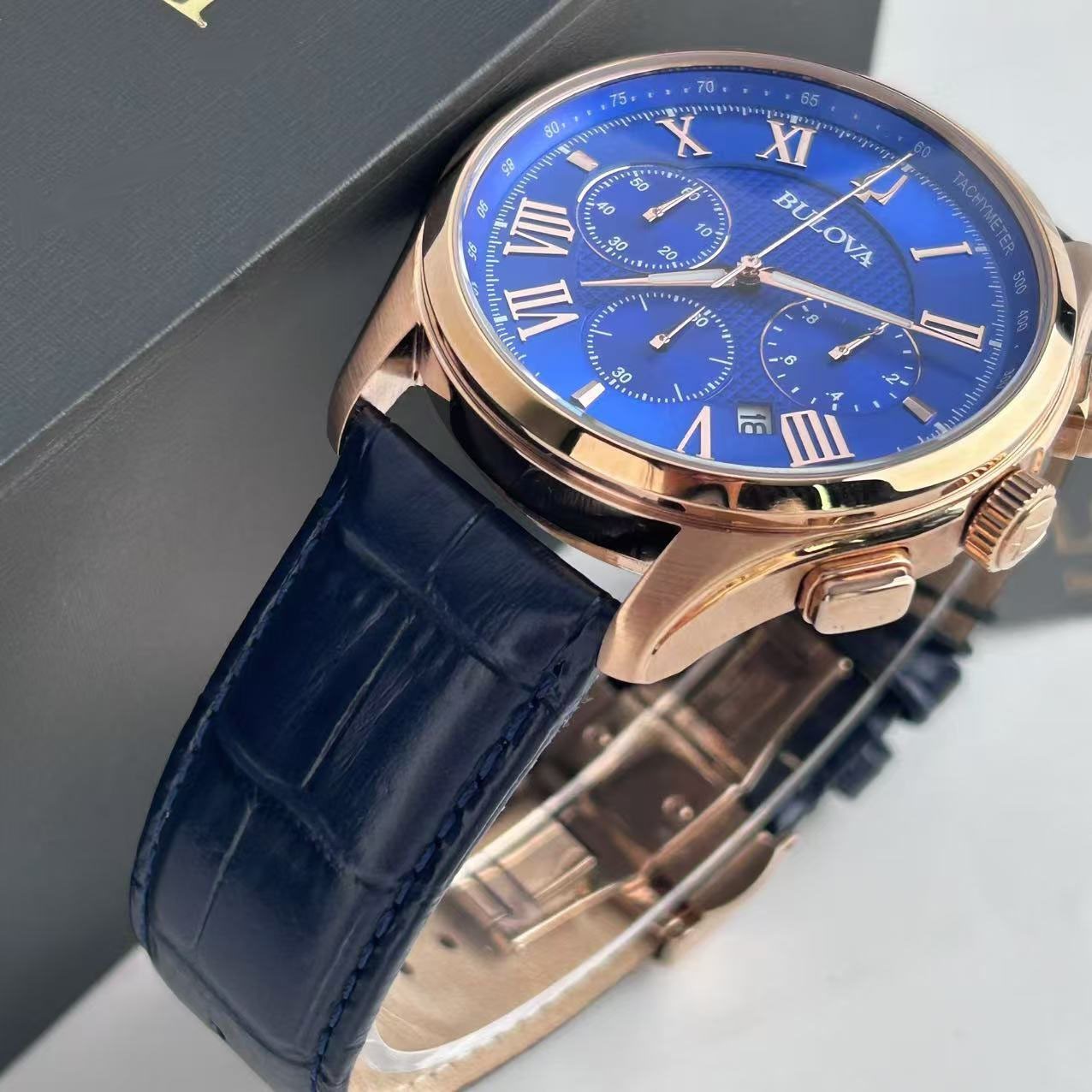 Bulova Wilton Classic 97B170 Blue Dial Leather Strap Men’s Quartz Watch 46.5 mm