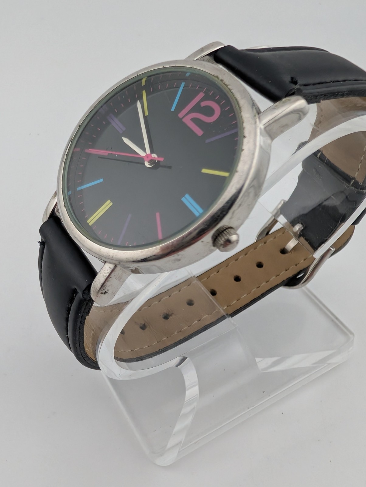 Classic Silver Tone 37mm Case Colorful Hour Mark Women’s Watch- New Battery