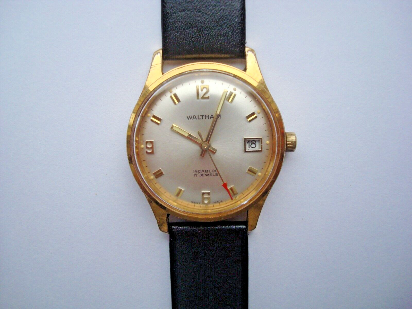 Waltham Mens Watch Manual Wind Up 17j. Date Red Arrow New Band 1960’s Swiss Runs