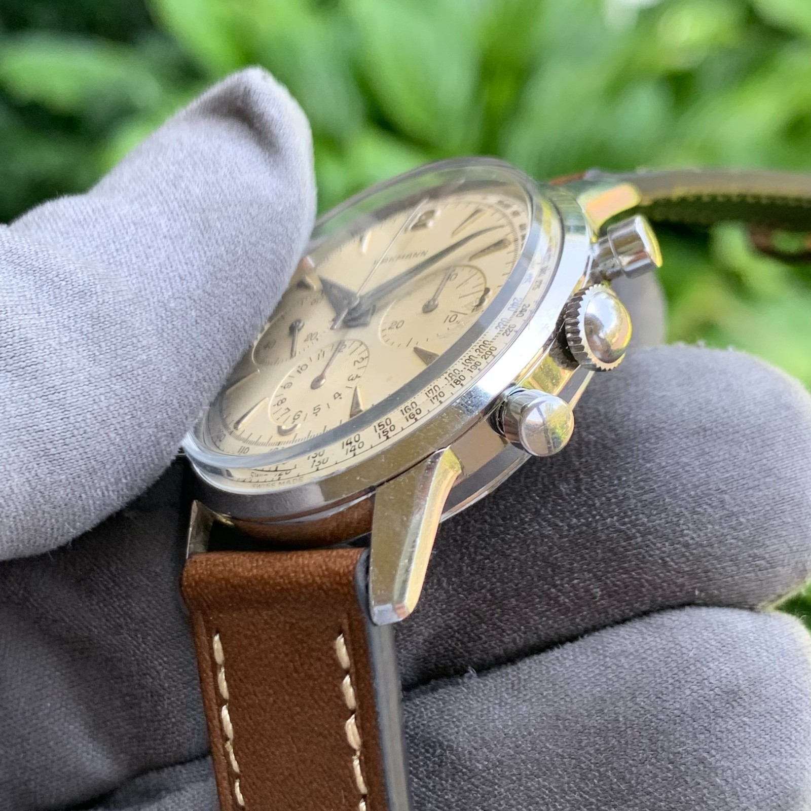 Vintage Wakmann Three Register Stainless Steel Chronograph Wristwatch