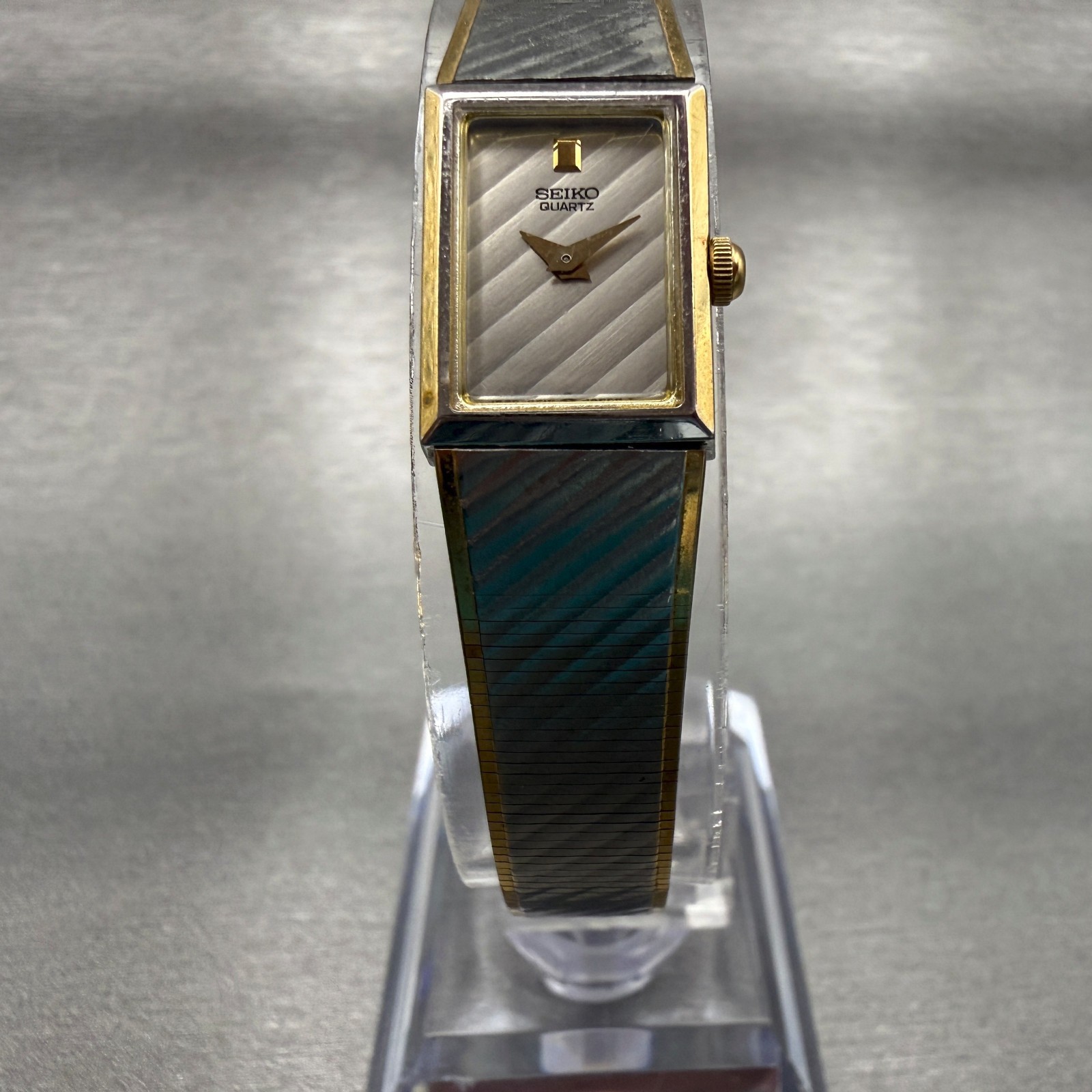 Seiko Watch Women 13mm Silver Dial Two Tone Rectangle 1E20-5109 Vintage New Batt