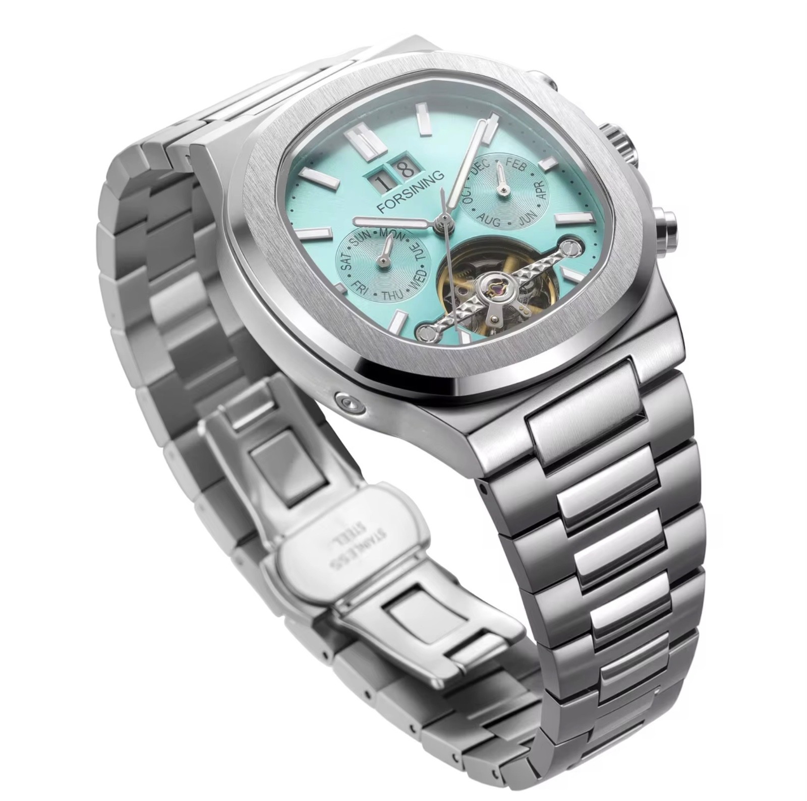 FORSINING Brand Tourbillon Men’s Automatic Mechanical Stainless Steel Band Watch
